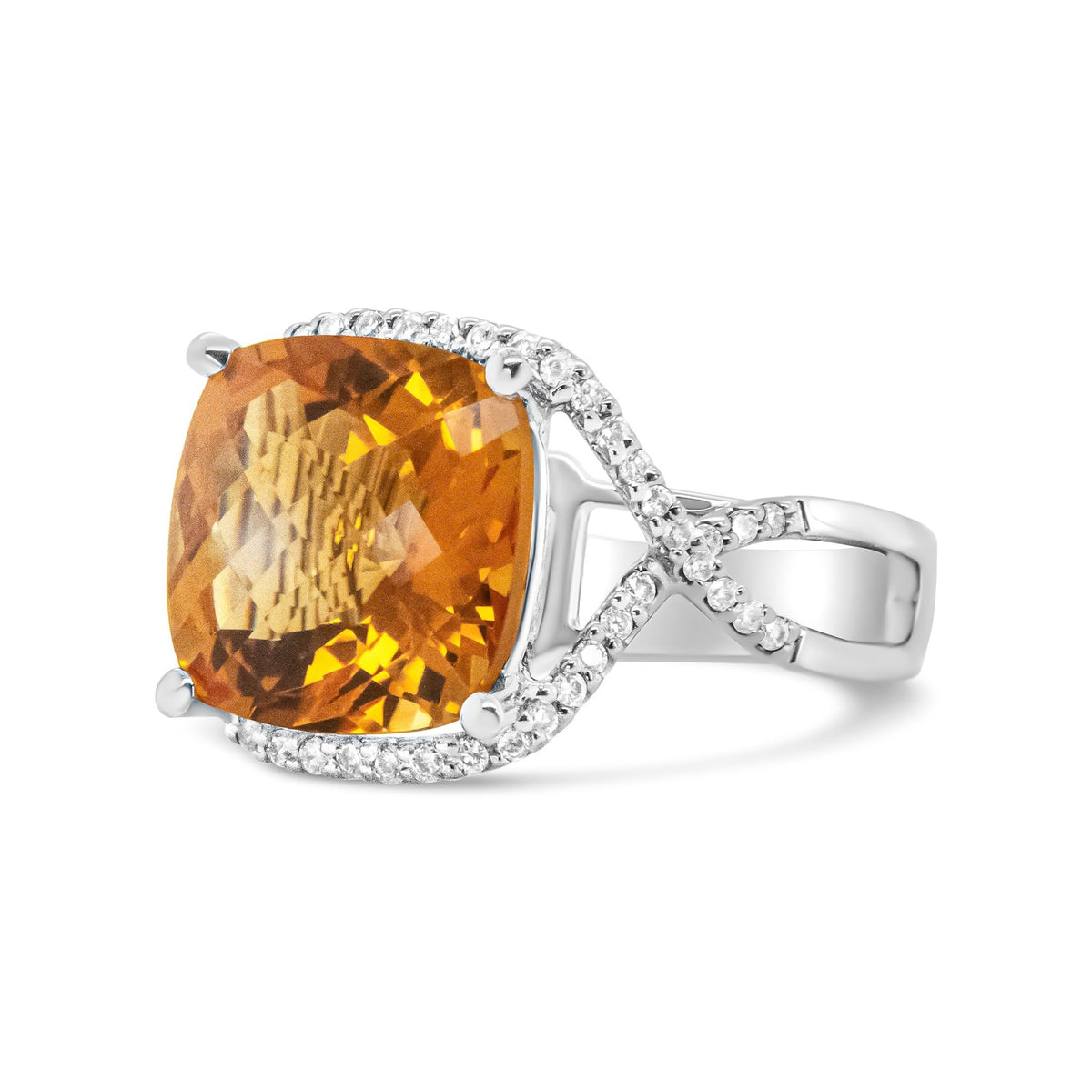 14K White Gold 12mm Cushion Cut Yellow Citrine Gemstone and 1/3 Cttw Round Pave-Set Diamond Ring - (H-I Color, VS1-VS2 Clarity)- Size 6.5 - LinkagejewelrydesignLinkagejewelrydesign