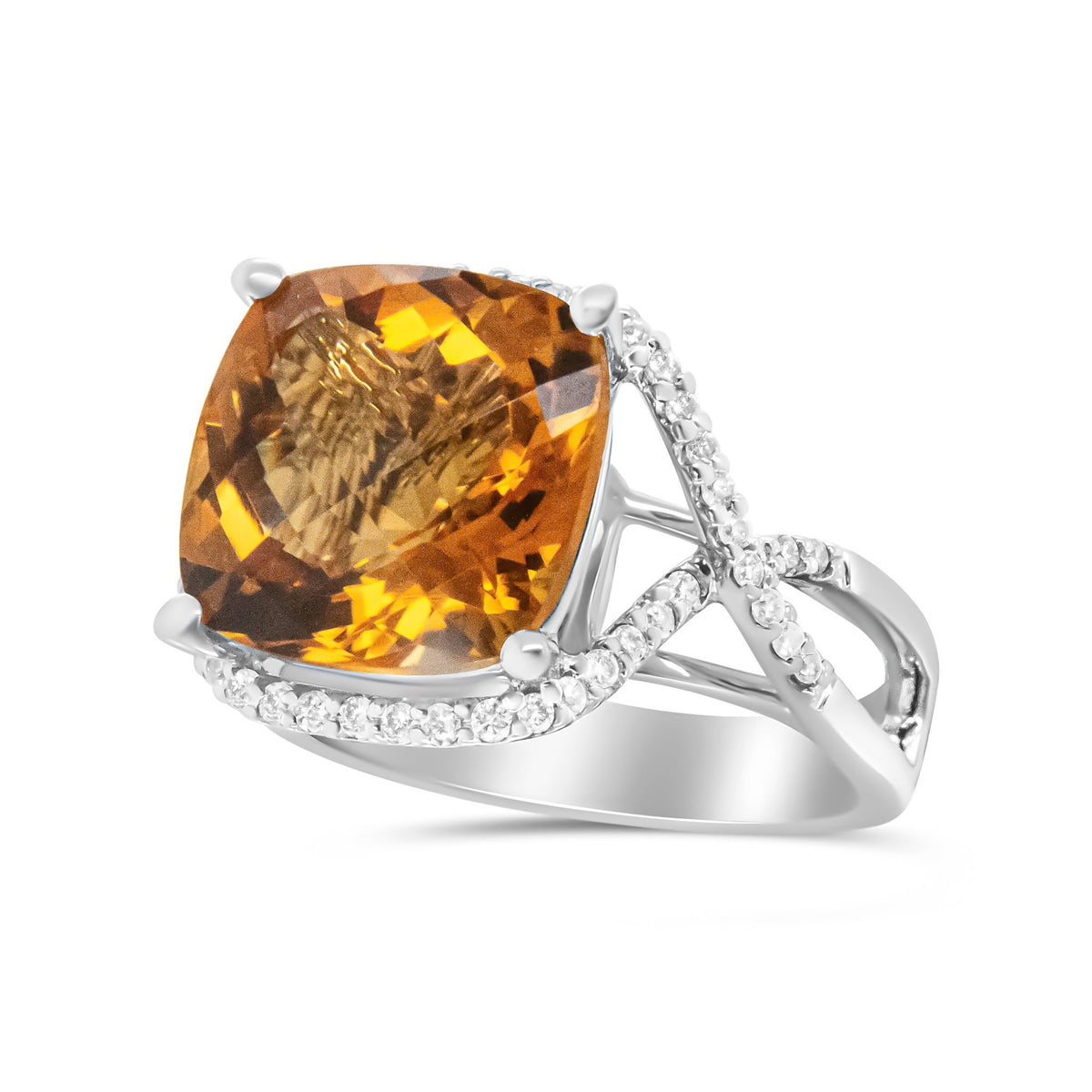 14K White Gold 12mm Cushion Cut Yellow Citrine Gemstone and 1/3 Cttw Round Pave-Set Diamond Ring - (H-I Color, VS1-VS2 Clarity)- Size 6.5 - LinkagejewelrydesignLinkagejewelrydesign