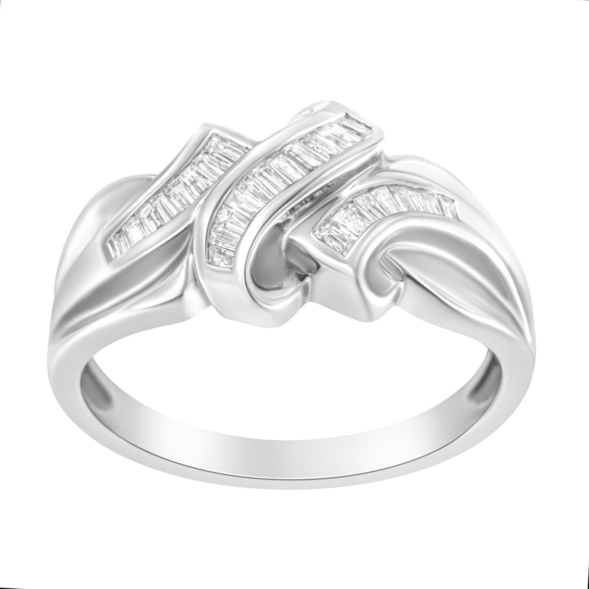 14K White Gold 1/3 Cttw Channel Set Baguette Diamond Bypass Ring Band (H-I Color, SI1-SI2 Clarity) - Ring Size 7 - LinkagejewelrydesignLinkagejewelrydesign