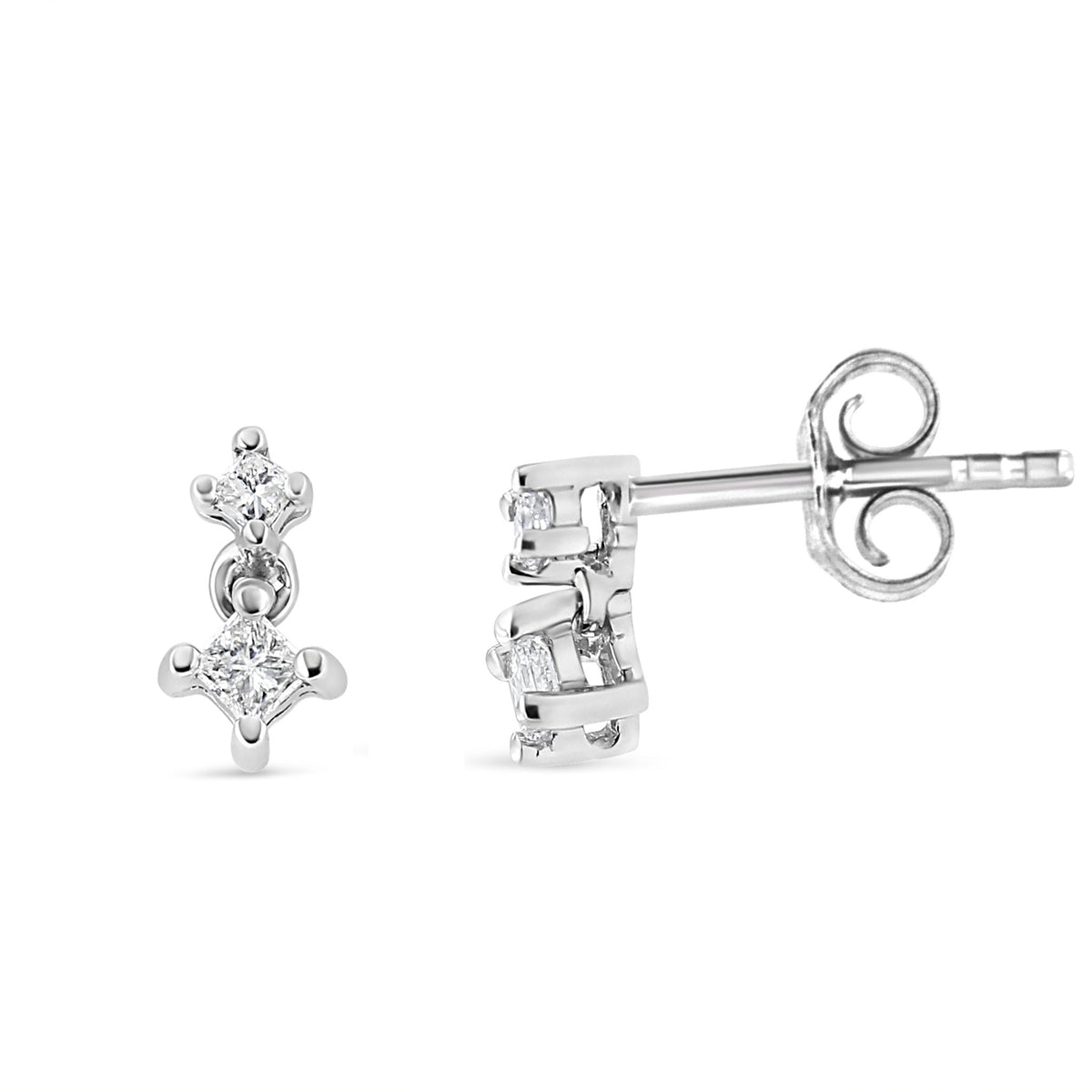 14K White Gold 1/4 Cttw 4 Prong Set Princess-Cut Double Diamond Drop and Dangle Stud Earrings (I-J Color, I2-I3 Clarity) - LinkagejewelrydesignLinkagejewelrydesign