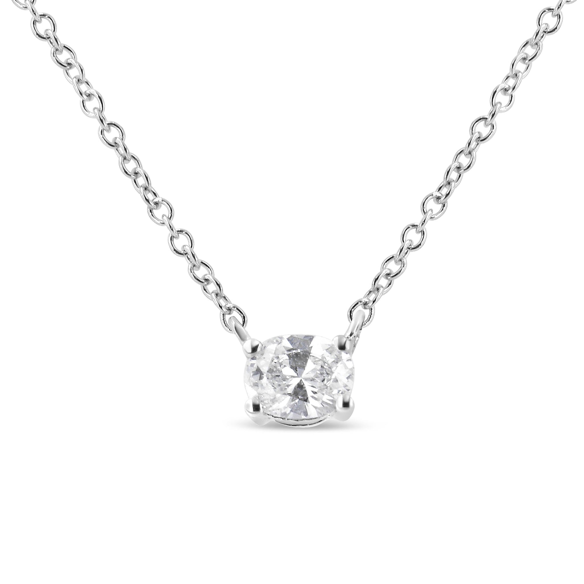 14K White Gold 1/5 Cttw Oval Shape Solitaire Diamond East West 18" Pendant Necklace (G-H Color, VS2-SI1Clarity) - LinkagejewelrydesignLinkagejewelrydesign