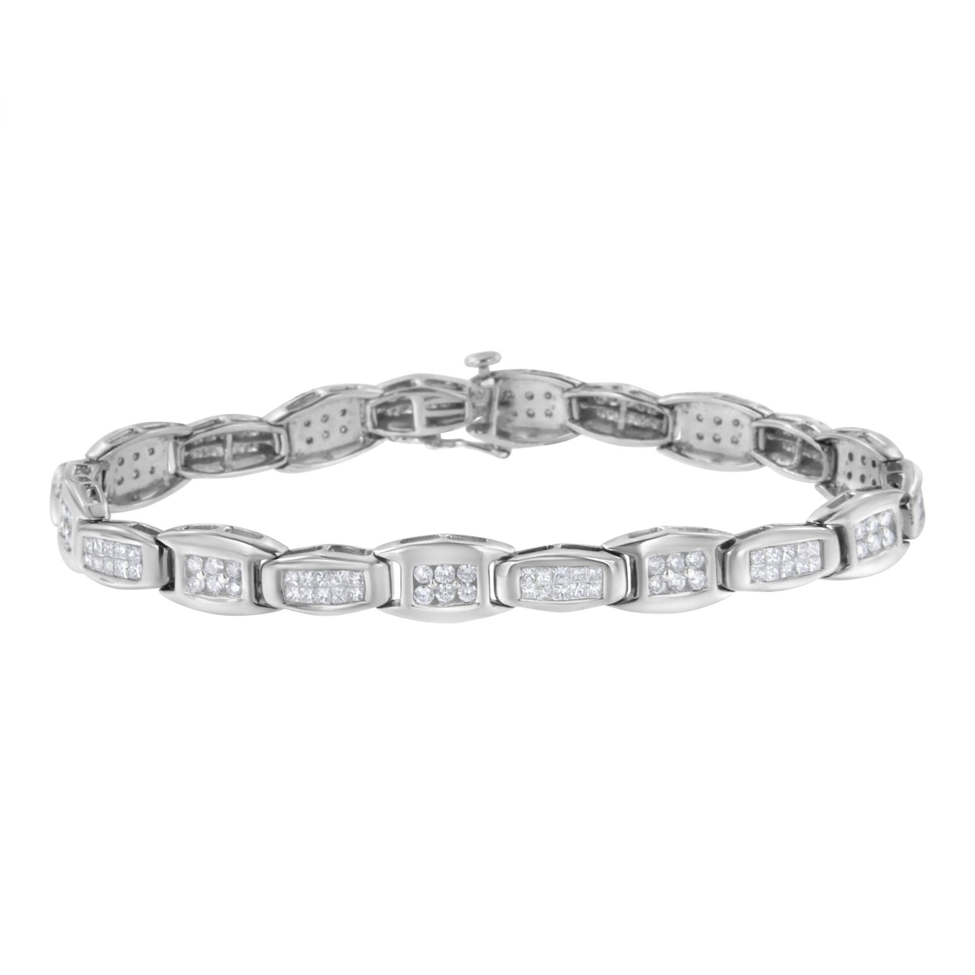 14K White Gold 2-1/2 Cttw Round-Brilliant & Baguette Cut Diamond 7" Alternating Flared Links Tennis Bracelet (H-I Color, SI1-SI2 Clarity) - LinkagejewelrydesignLinkagejewelrydesign