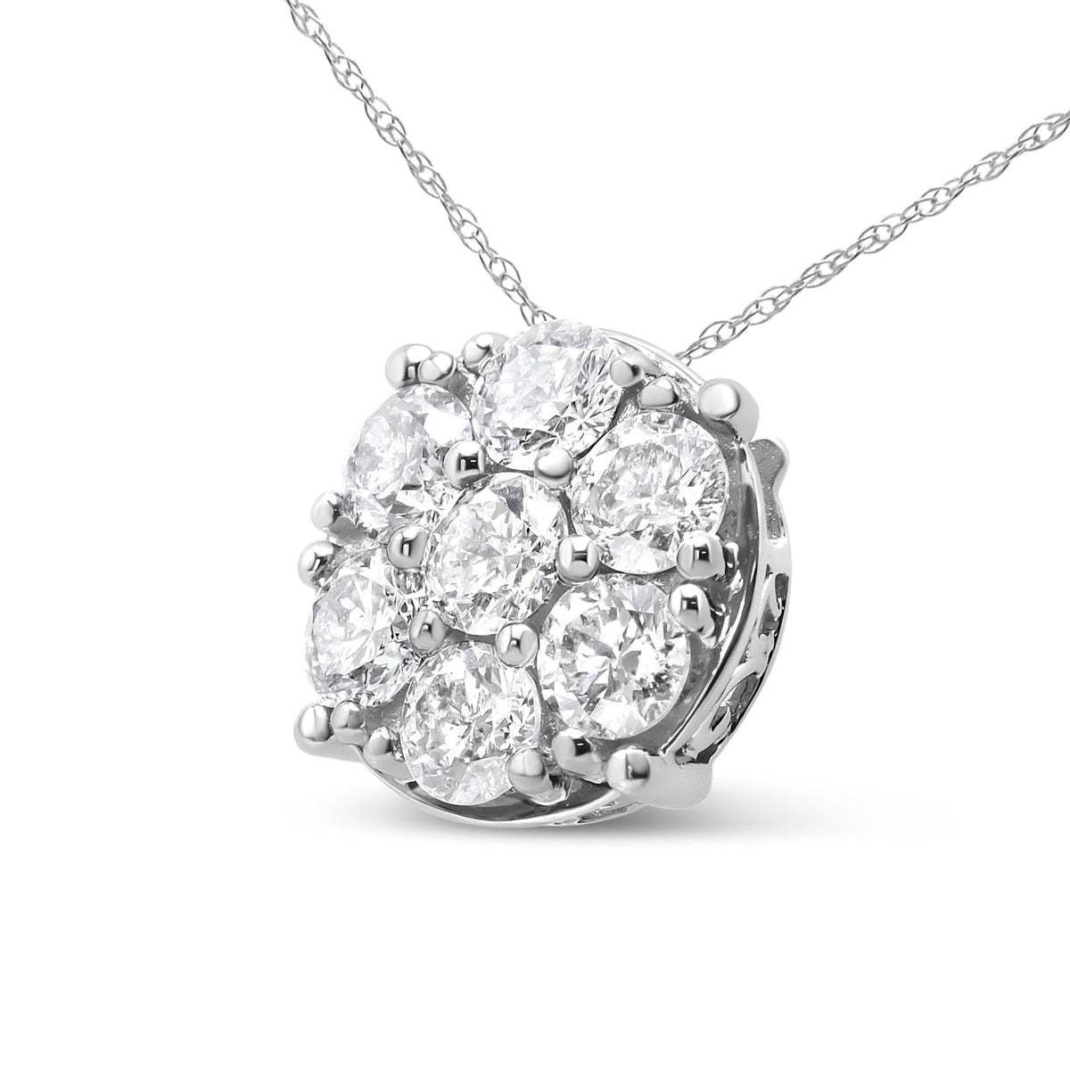 14K White Gold 2 1/3 Cttw Diamond 7 Stone Floral Cluster 18&quot; Pendant Necklace (H-I Color, I1-I2 Clarity) - LinkagejewelrydesignLinkagejewelrydesign