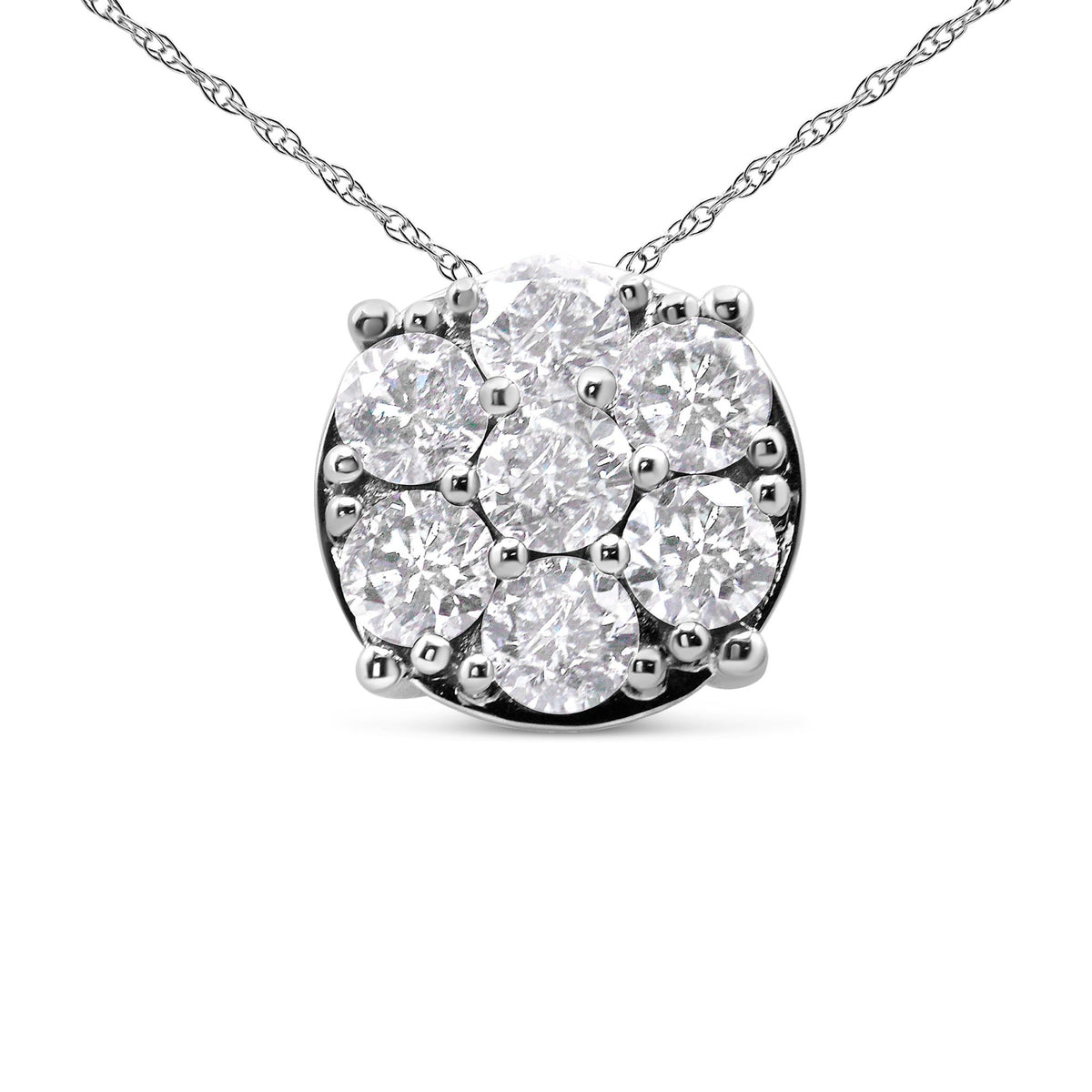 14K White Gold 2 1/3 Cttw Diamond 7 Stone Floral Cluster 18&quot; Pendant Necklace (H-I Color, I1-I2 Clarity) - LinkagejewelrydesignLinkagejewelrydesign
