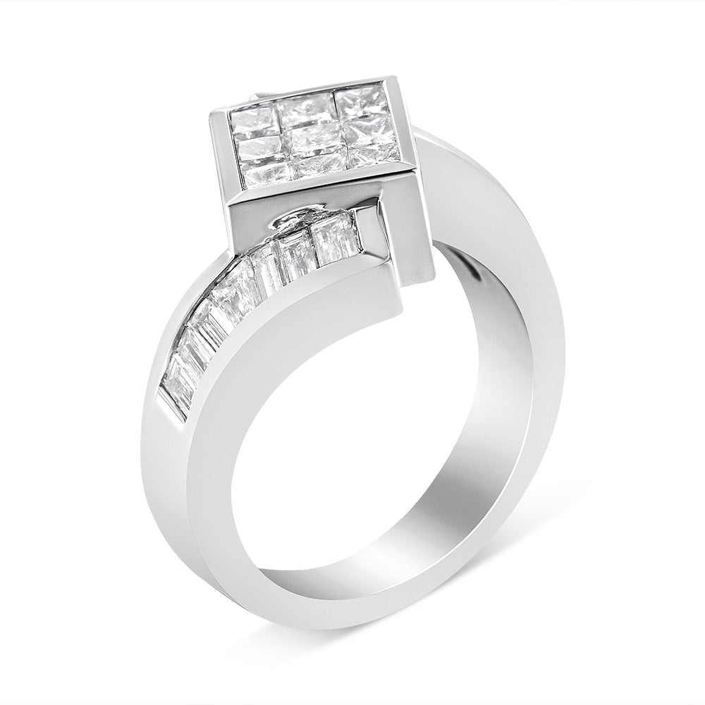 14K White Gold 2 1/5 Cttw Invisible-Set Princess and Channel-Set Baguette Diamond Bypass Kite-Set Ring (G-H Color, VS2-SI1 Clarity) - Size 6.5 - LinkagejewelrydesignLinkagejewelrydesign