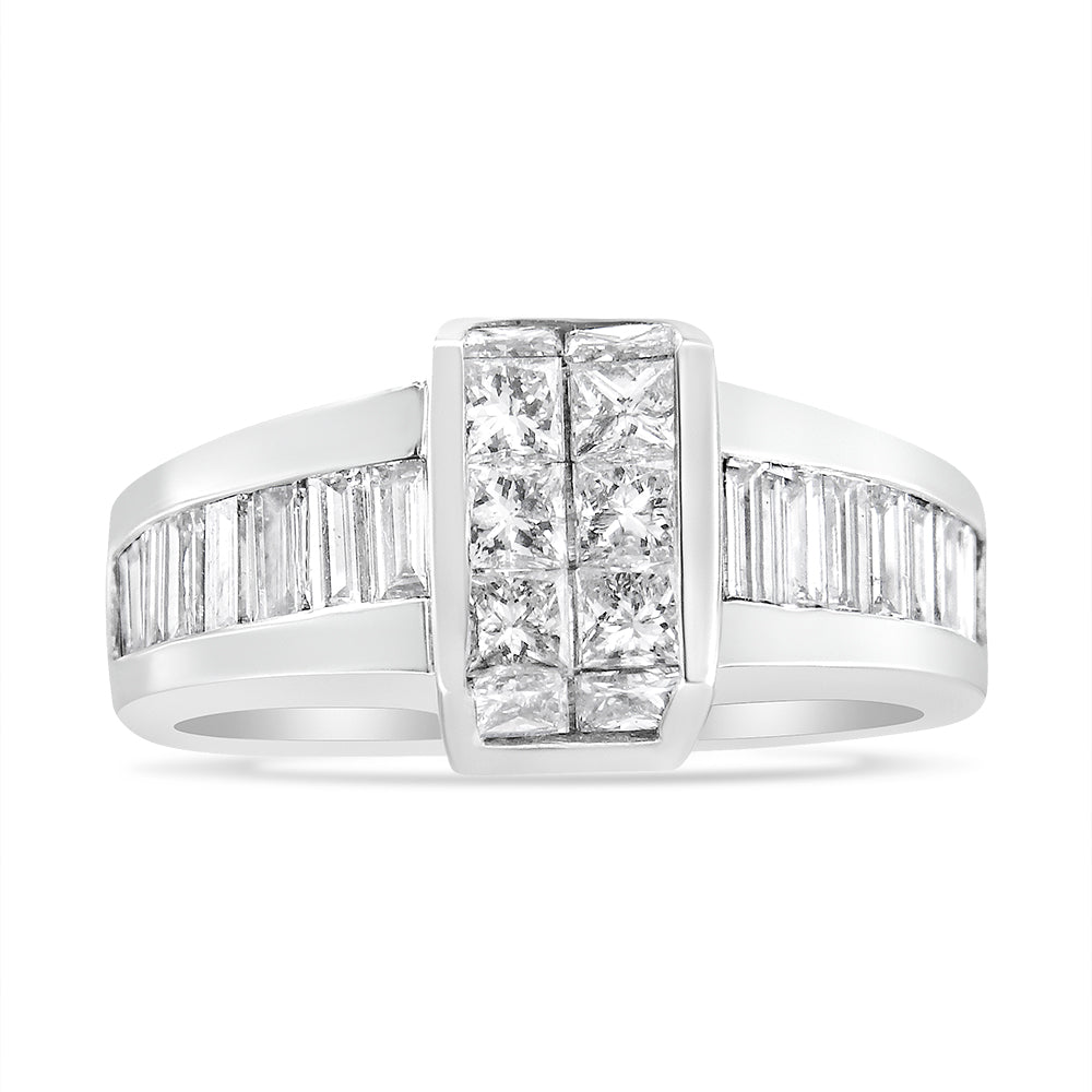 14K White Gold 2 3/4 Cttw Invisible-Set Princess and Channel-Set Baguette Diamond Step Up Cocktail Ring (G-H Color, SI1-SI2 Clarity) - Ring Size 9.25 - LinkagejewelrydesignLinkagejewelrydesign