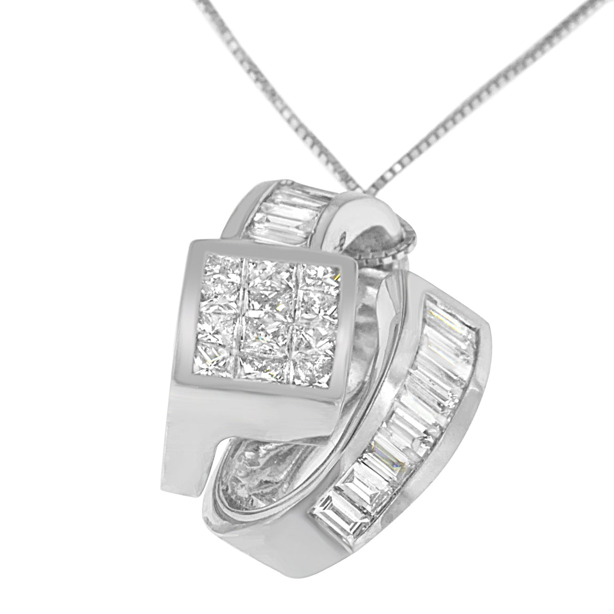 14K White Gold 2 cttw Princess and Baguette Cut Diamond Double Loop Pendant Necklace (G-H, VS1-VS2) - LinkagejewelrydesignLinkagejewelrydesign