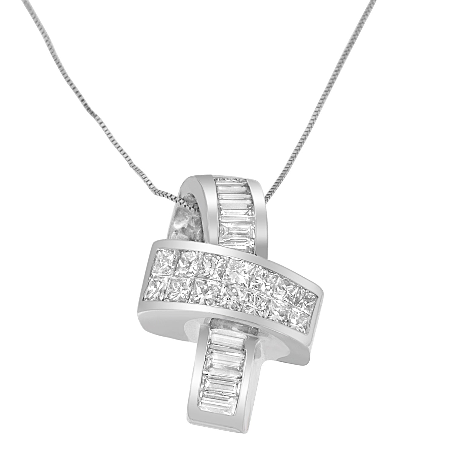 14K White Gold 2 cttw Princess and Baguette Cut Diamond Ribbon Pendant Necklace (H-I, SI-SI2) - LinkagejewelrydesignLinkagejewelrydesign