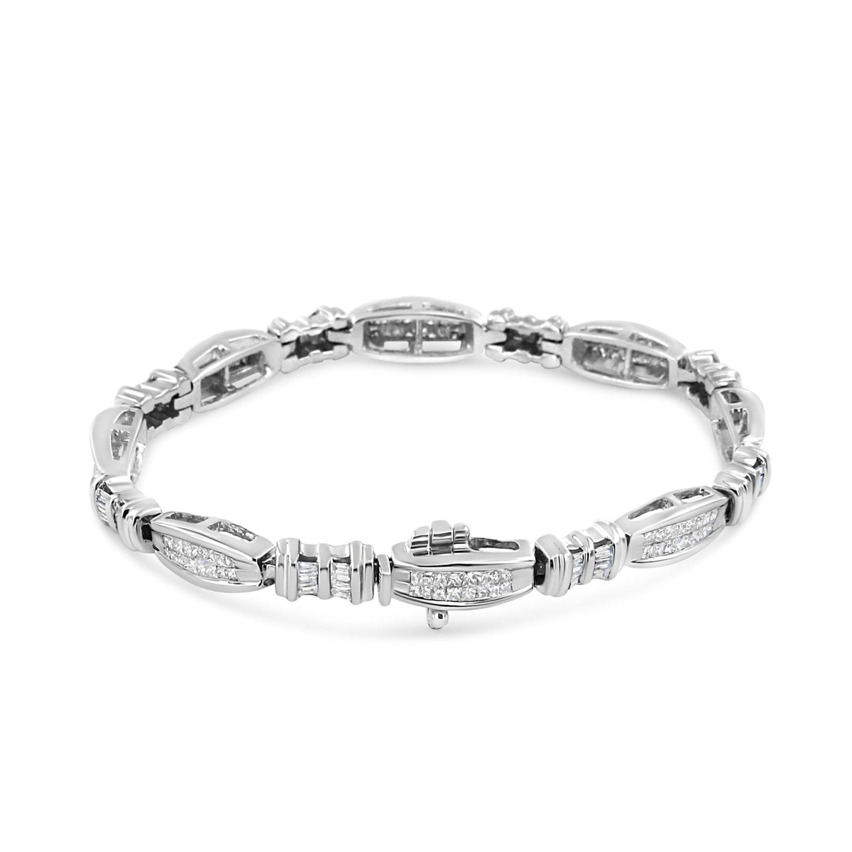 14K White Gold 2.0 Cttw Channel-Set Alternating Baguette and Princess-Cut Diamond Link Bracelet (H-I Color, SI2-I1 Clarity) - Size 7 - LinkagejewelrydesignLinkagejewelrydesign