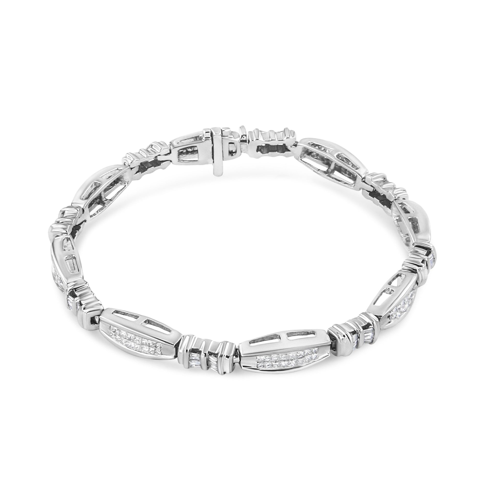 14K White Gold 2.0 Cttw Channel-Set Alternating Baguette and Princess-Cut Diamond Link Bracelet (H-I Color, SI2-I1 Clarity) - Size 7 - LinkagejewelrydesignLinkagejewelrydesign