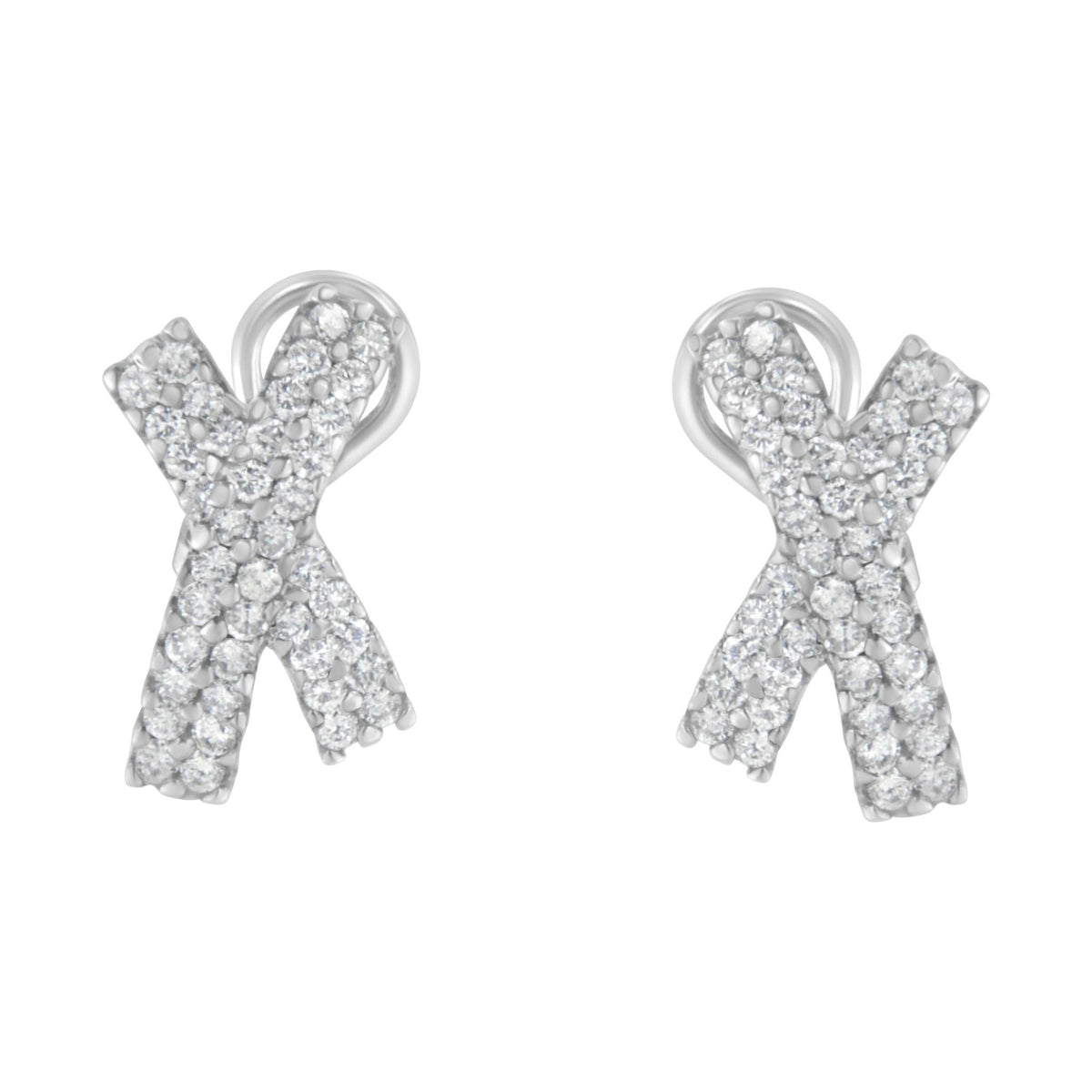 14K White Gold 2.0 Cttw Round-Brilliant Cut Diamond Domed X Shaped Omega Back Stud Earrings (H-I Color, I1-I2 Clarity) - LinkagejewelrydesignLinkagejewelrydesign