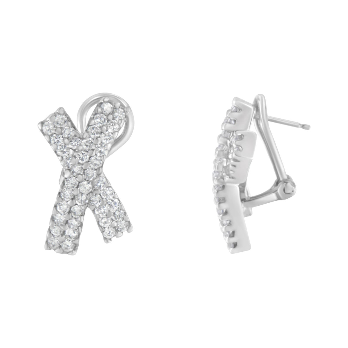 14K White Gold 2.0 Cttw Round-Brilliant Cut Diamond Domed X Shaped Omega Back Stud Earrings (H-I Color, I1-I2 Clarity) - LinkagejewelrydesignLinkagejewelrydesign