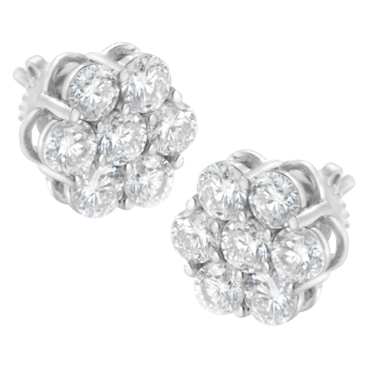 14K White Gold 2.0 Cttw Round Brilliant Cut Diamond Floral Cluster Screwback Stud Earrings (H-I Color, SI2-I1 Clarity) - LinkagejewelrydesignLinkagejewelrydesign