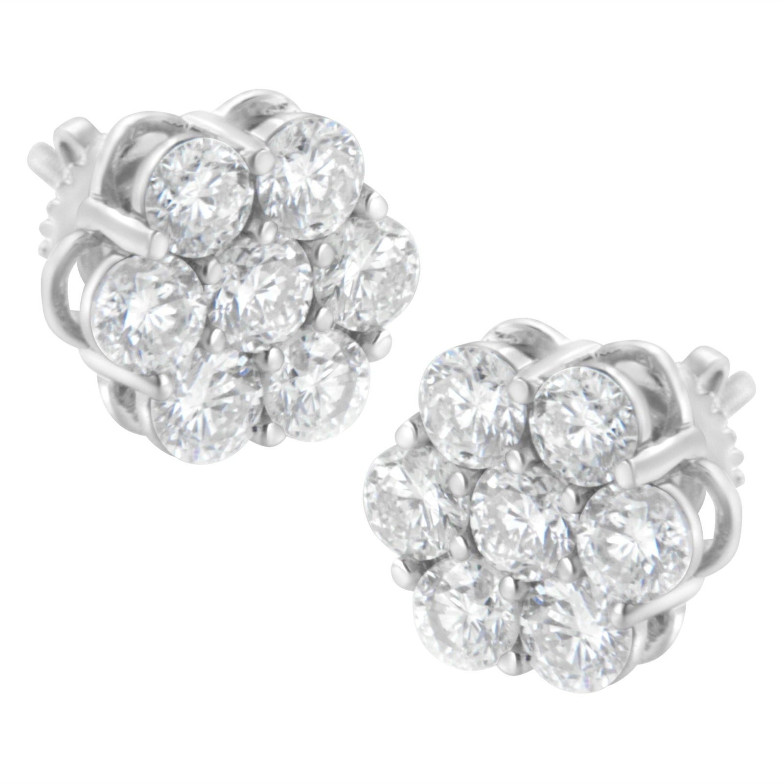 14K White Gold 2.0 Cttw Round Brilliant Cut Diamond Floral Cluster Screwback Stud Earrings (H-I Color, SI2-I1 Clarity) - LinkagejewelrydesignLinkagejewelrydesign