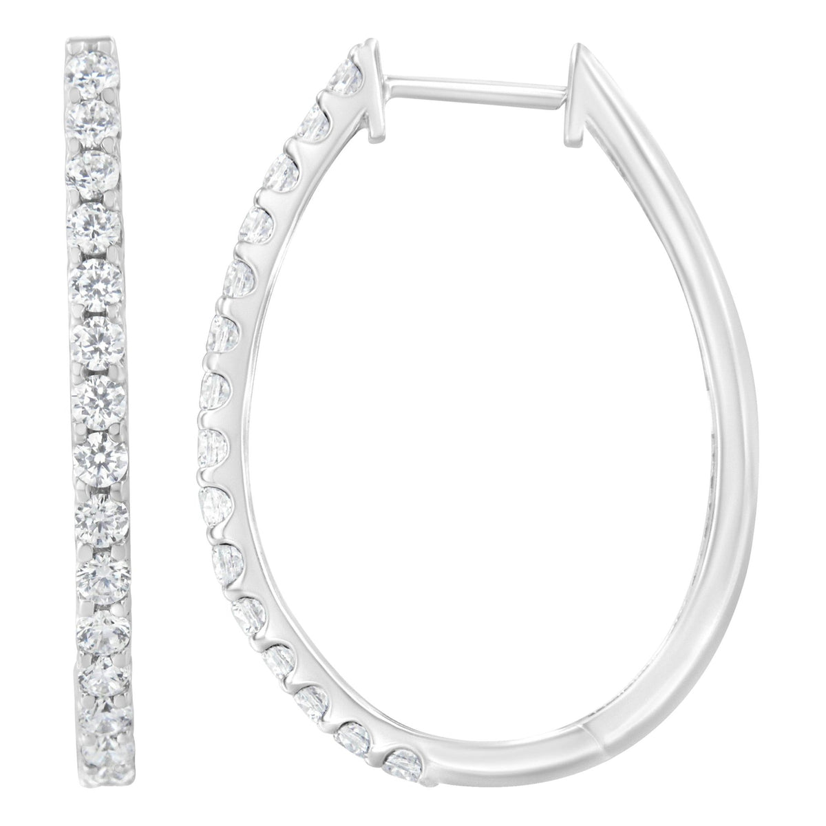 14K White Gold 2.0 Cttw Round Brilliant Cut Diamond Oblong Hinged Leverback Hoop Earrings (I-J Color, I1-I2 Clarity) - LinkagejewelrydesignLinkagejewelrydesign