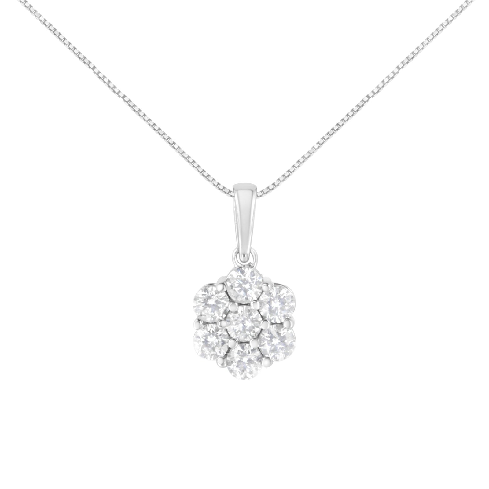 14K White Gold 2.00 Cttw Brilliant Round-Cut Diamond 7 Stone Flower Cluster 18" Pendant Necklace (H-I Color, SI2-I1 Clarity) - LinkagejewelrydesignLinkagejewelrydesign