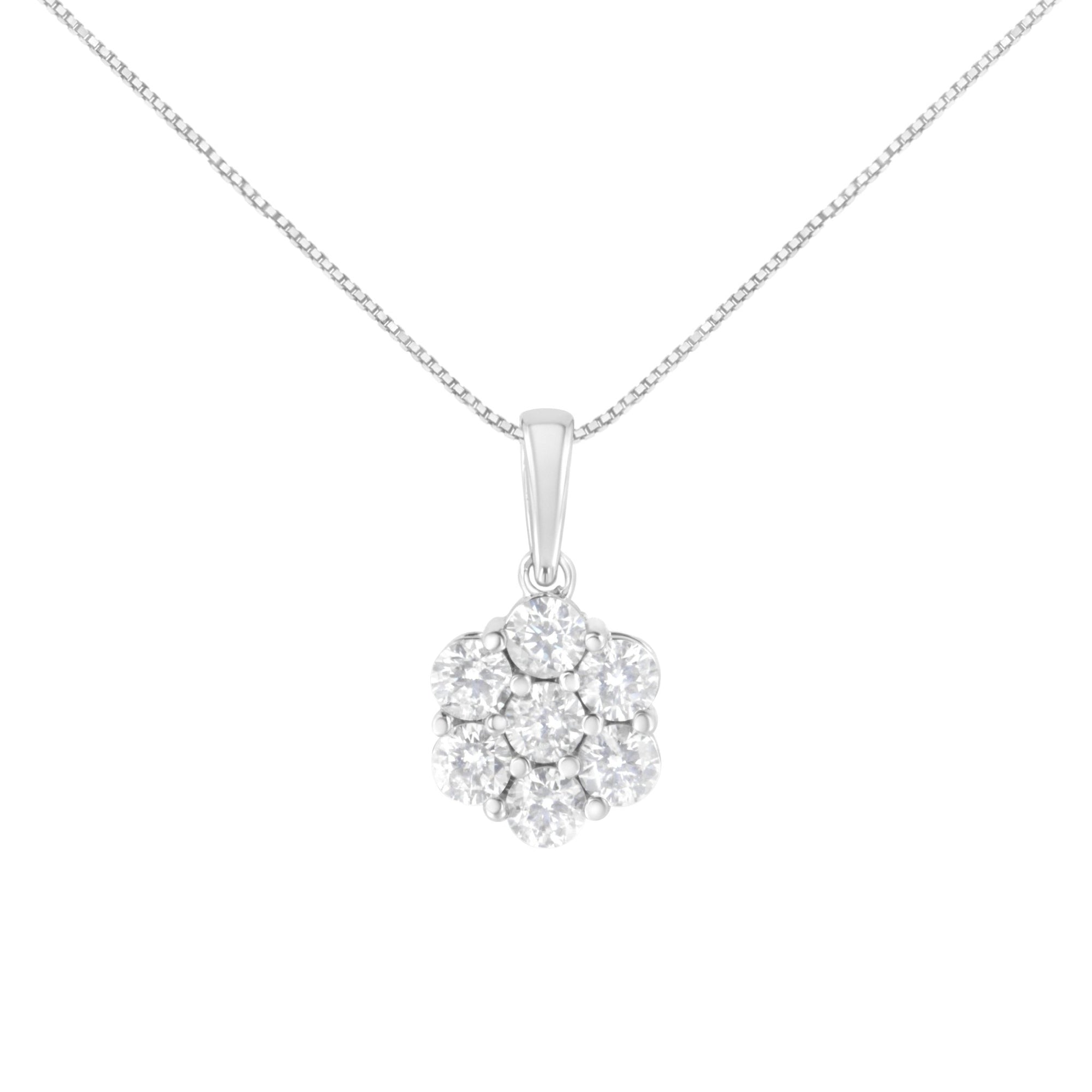 14K White Gold 2.00 Cttw Brilliant Round-Cut Diamond 7 Stone Flower Cluster 18" Pendant Necklace (H-I Color, SI2-I1 Clarity) - LinkagejewelrydesignLinkagejewelrydesign