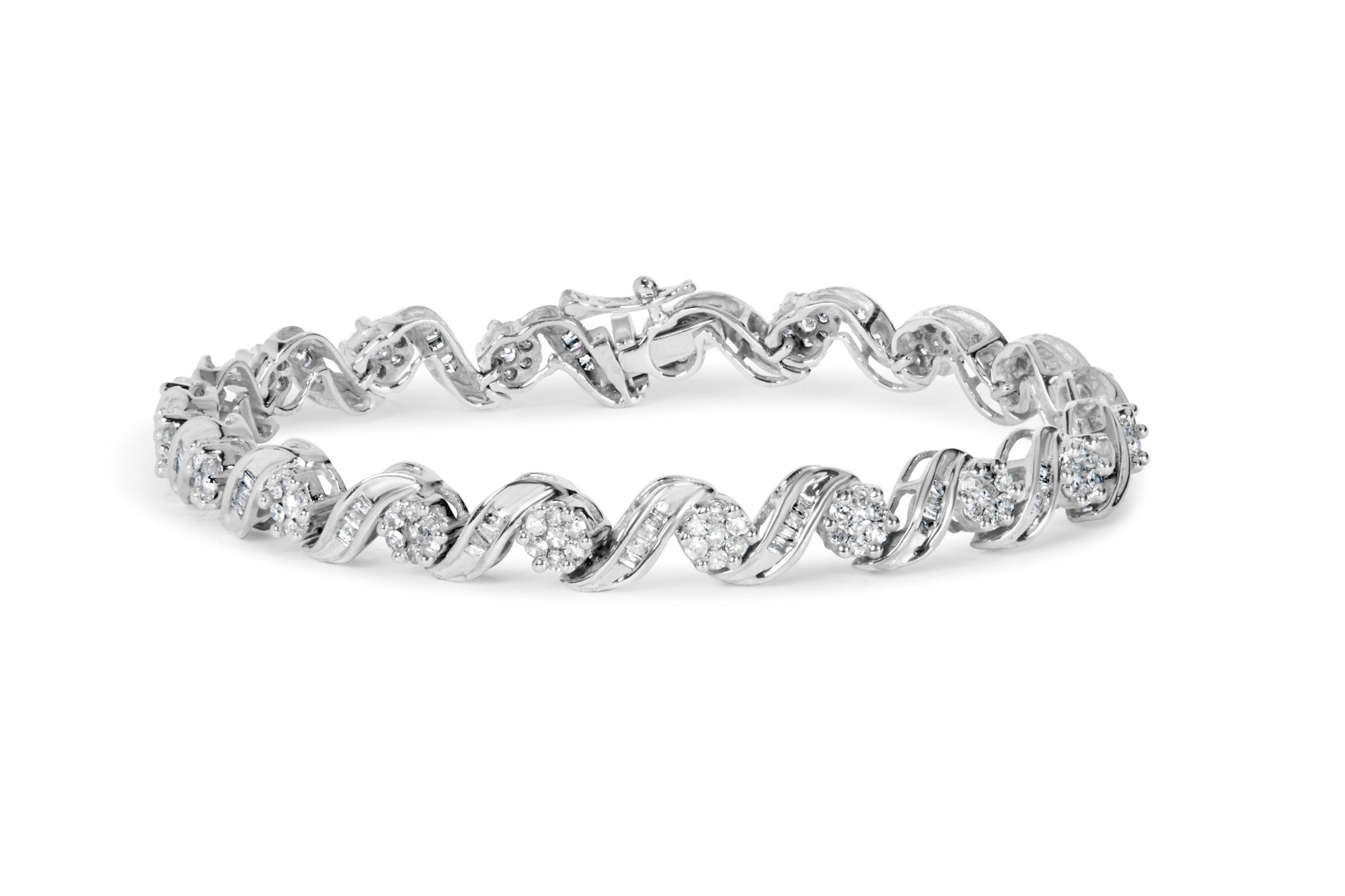 14K White Gold 2.00 Cttw Diamond Cluster and Spiral Link Bracelet (I-J Color, I1-I2 Clarity) - 7" - LinkagejewelrydesignLinkagejewelrydesign