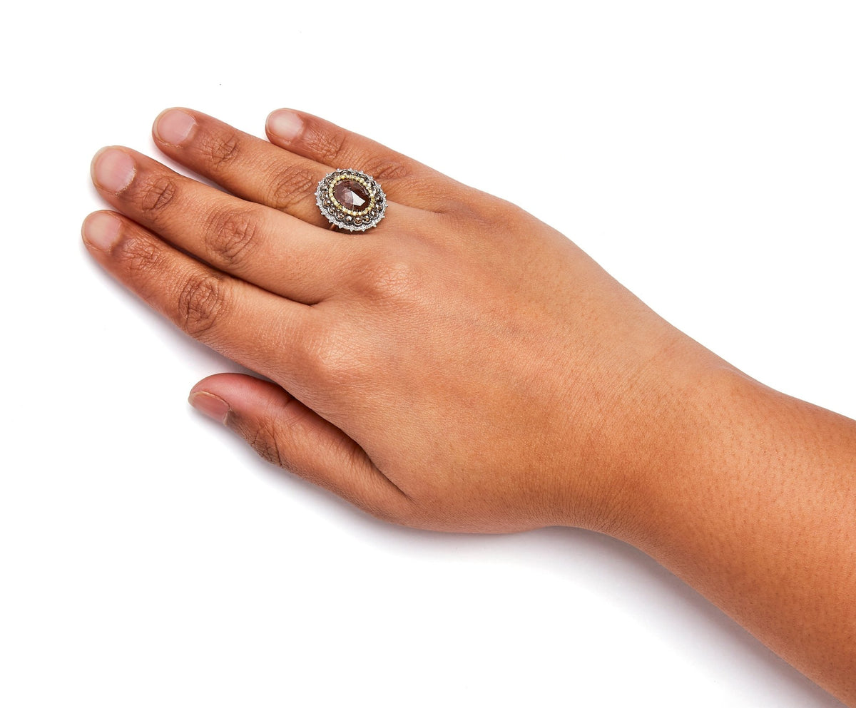 14K White Gold 3 1/2 Cttw Fancy Rose Cut Oval Diamond Triple Halo Cocktail Ring (Fancy Color, I2-I3 Clarity) - Size 7 - LinkagejewelrydesignLinkagejewelrydesign