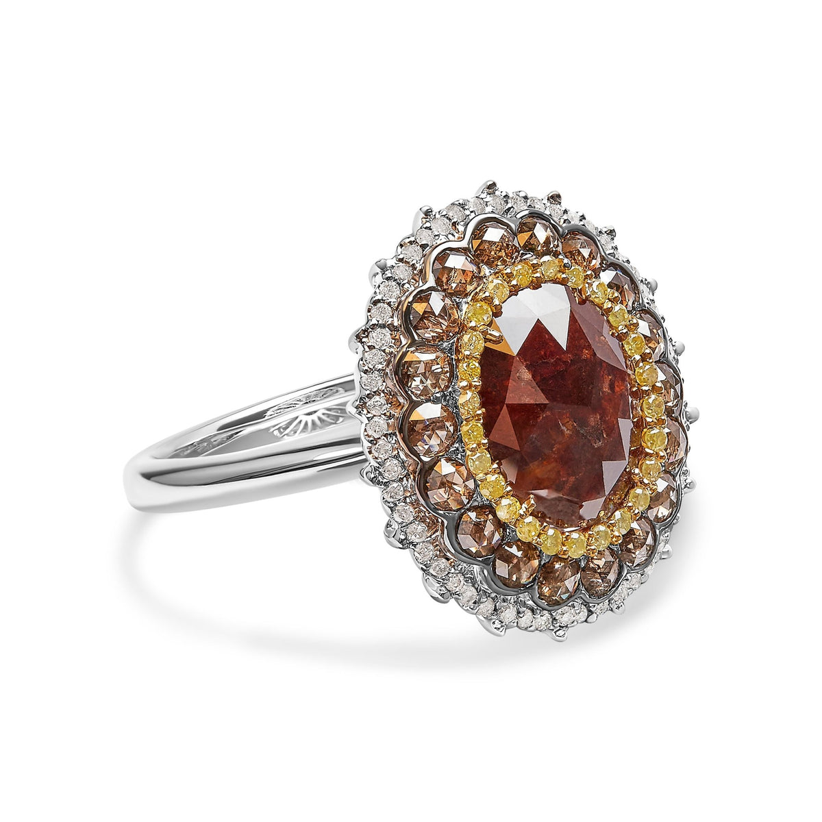 14K White Gold 3 1/2 Cttw Fancy Rose Cut Oval Diamond Triple Halo Cocktail Ring (Fancy Color, I2-I3 Clarity) - Size 7 - LinkagejewelrydesignLinkagejewelrydesign