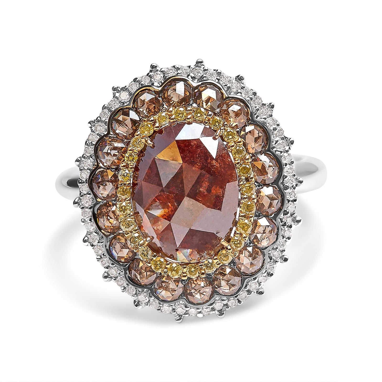 14K White Gold 3 1/2 Cttw Fancy Rose Cut Oval Diamond Triple Halo Cocktail Ring (Fancy Color, I2-I3 Clarity) - Size 7 - LinkagejewelrydesignLinkagejewelrydesign