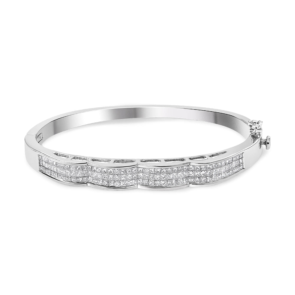 14K White Gold 3 1/3 Cttw Invisible Set Princess-Cut Diamond Wave Bangle Bracelet (H-I Color, SI1-SI2 Clarity) - Size 7" - LinkagejewelrydesignLinkagejewelrydesign