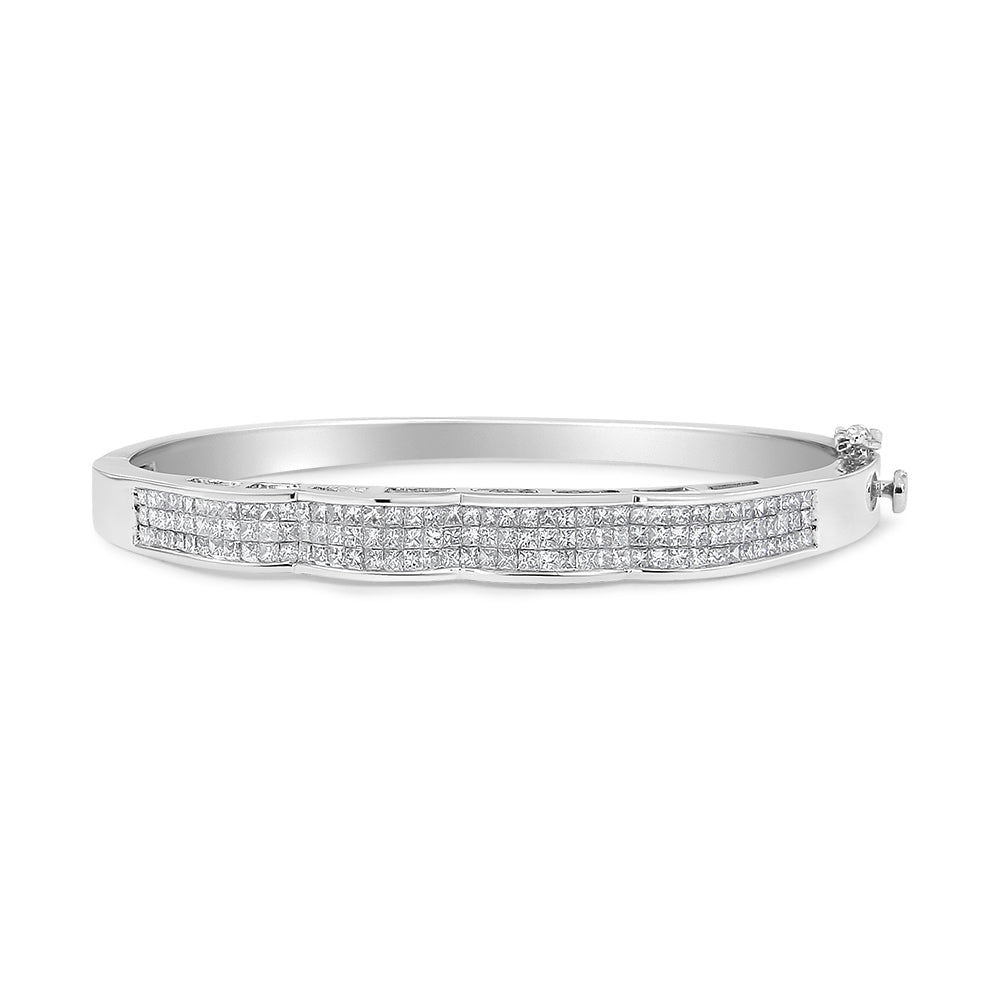 14K White Gold 3 1/3 Cttw Invisible Set Princess-Cut Diamond Wave Bangle Bracelet (H-I Color, SI1-SI2 Clarity) - Size 7" - LinkagejewelrydesignLinkagejewelrydesign