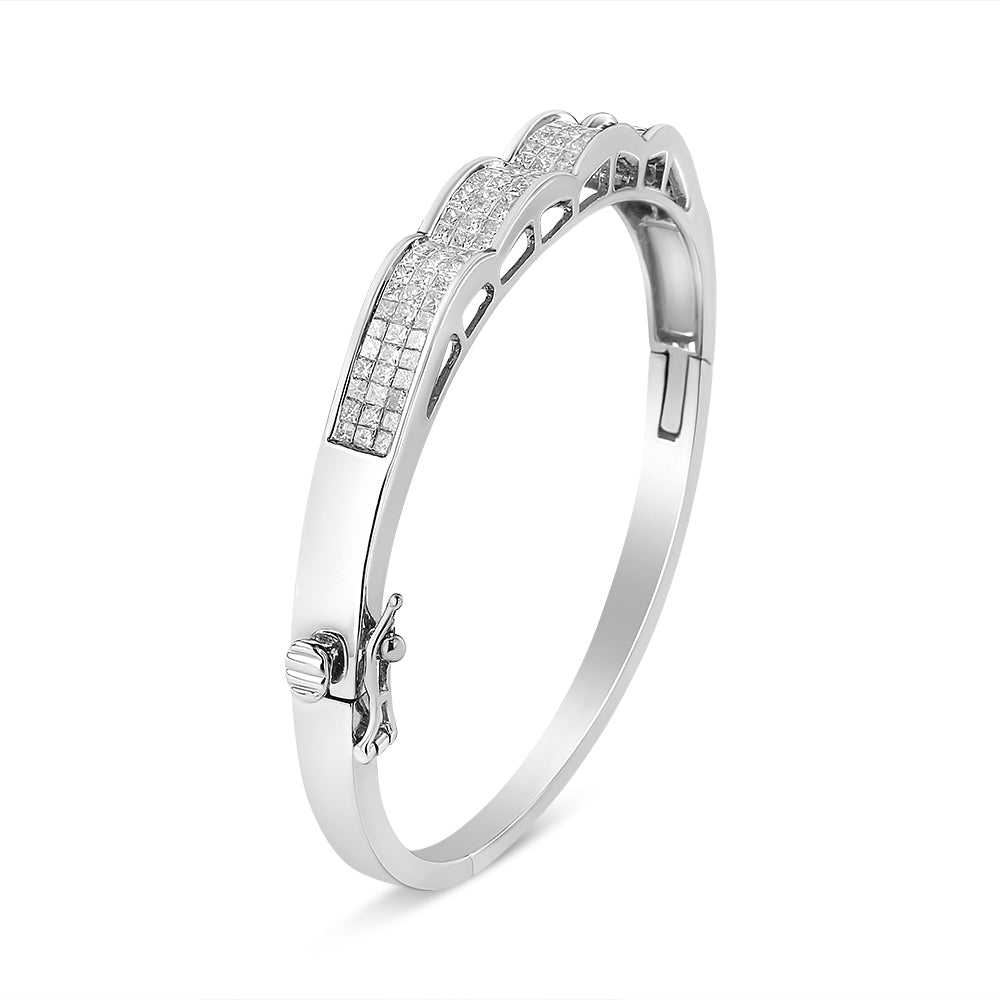 14K White Gold 3 1/3 Cttw Invisible Set Princess-Cut Diamond Wave Bangle Bracelet (H-I Color, SI1-SI2 Clarity) - Size 7" - LinkagejewelrydesignLinkagejewelrydesign