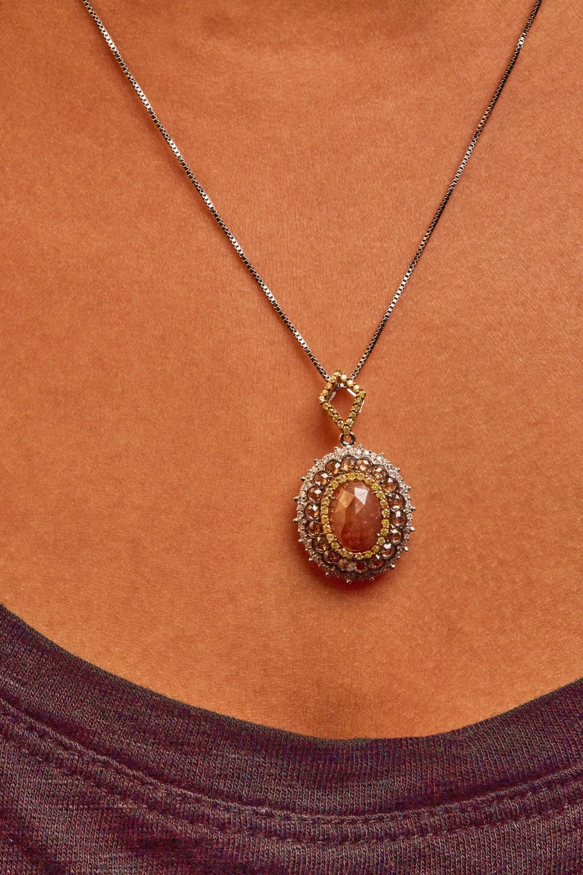 14K White Gold 3.00 Cttw Rose Cut Fancy Colored Diamond Triple Halo 18&quot; Inch Pendant Necklace (Fancy Color, I2-I3 Clarity) - LinkagejewelrydesignLinkagejewelrydesign