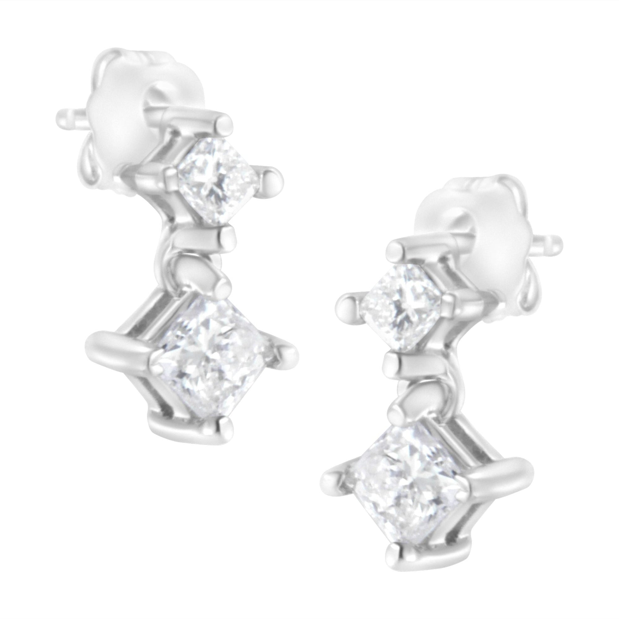 14K White Gold 3/4 cttw Double Diamond Princess-Cut Stud Earrings (I-J Clarity, I2-I3 Color) - LinkagejewelrydesignLinkagejewelrydesign