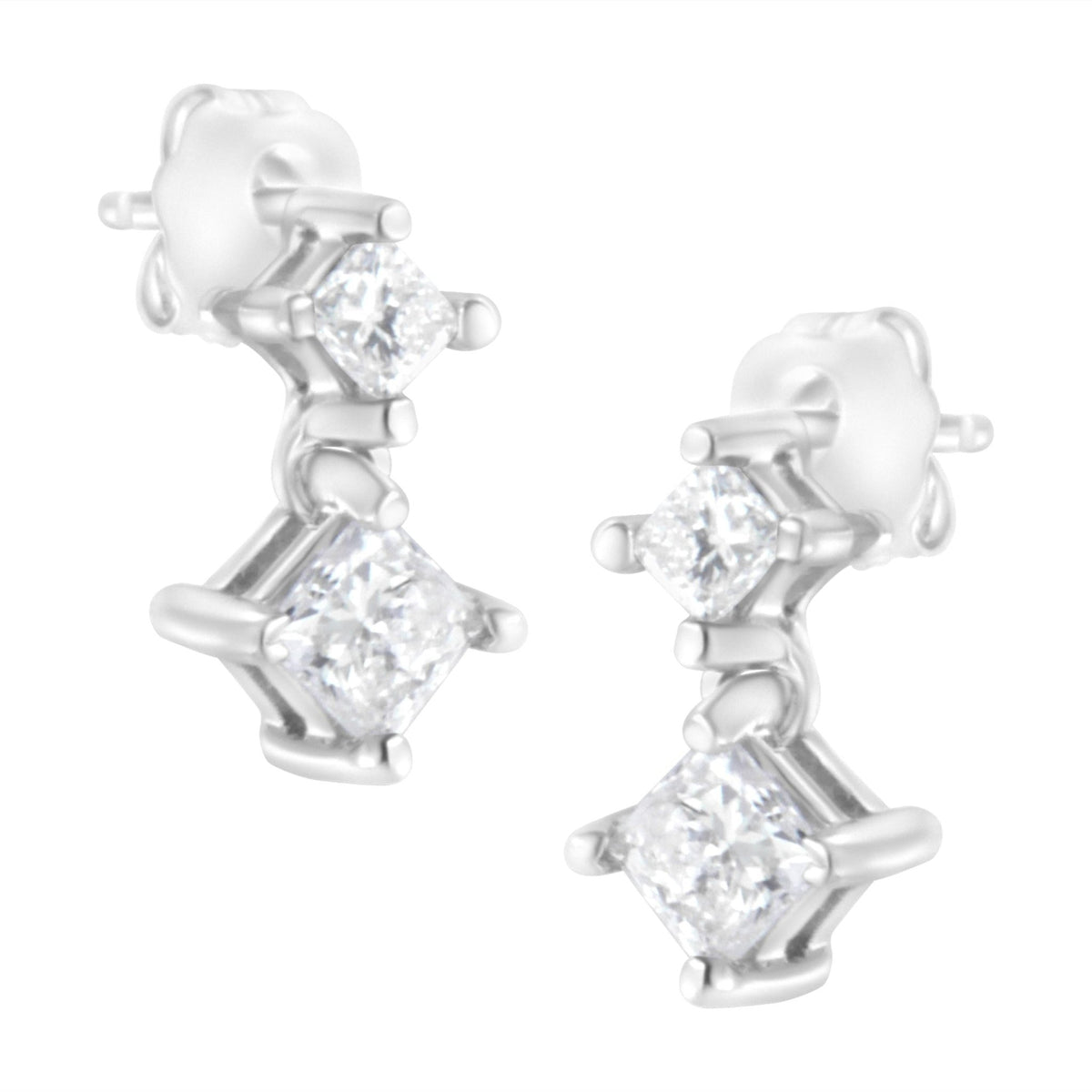14K White Gold 3/4 cttw Double Diamond Princess-Cut Stud Earrings (I-J Clarity, I2-I3 Color) - LinkagejewelrydesignLinkagejewelrydesign