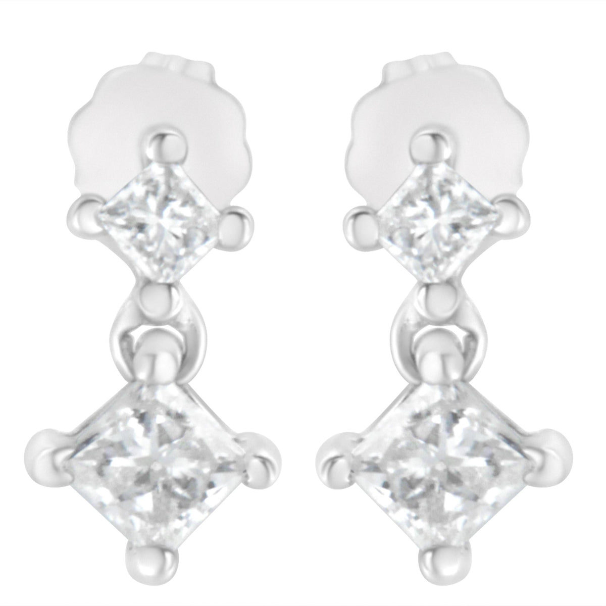 14K White Gold 3/4 cttw Double Diamond Princess-Cut Stud Earrings (I-J Clarity, I2-I3 Color) - LinkagejewelrydesignLinkagejewelrydesign