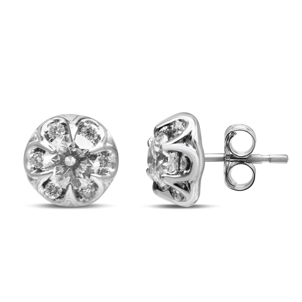 14K White Gold 3/4 Cttw Round Cut Diamond Halo Cluster Stud Earrings (I-J Color, I1-I2 Clarity) - LinkagejewelrydesignLinkagejewelrydesign