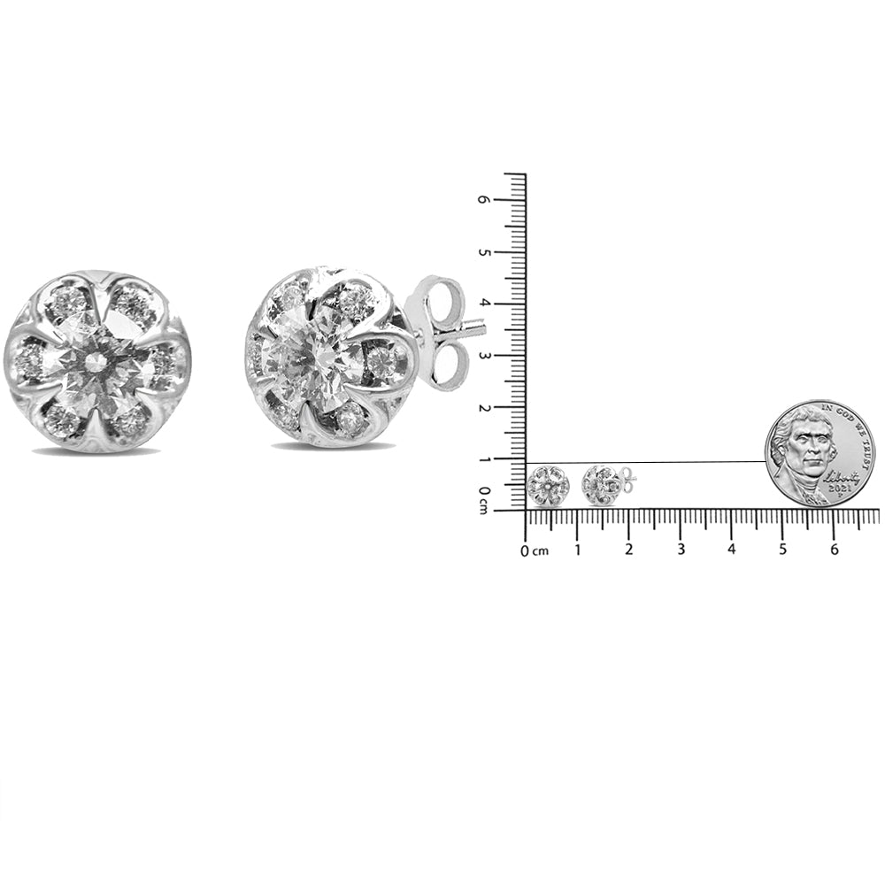 14K White Gold 3/4 Cttw Round Cut Diamond Halo Cluster Stud Earrings (I-J Color, I1-I2 Clarity) - LinkagejewelrydesignLinkagejewelrydesign