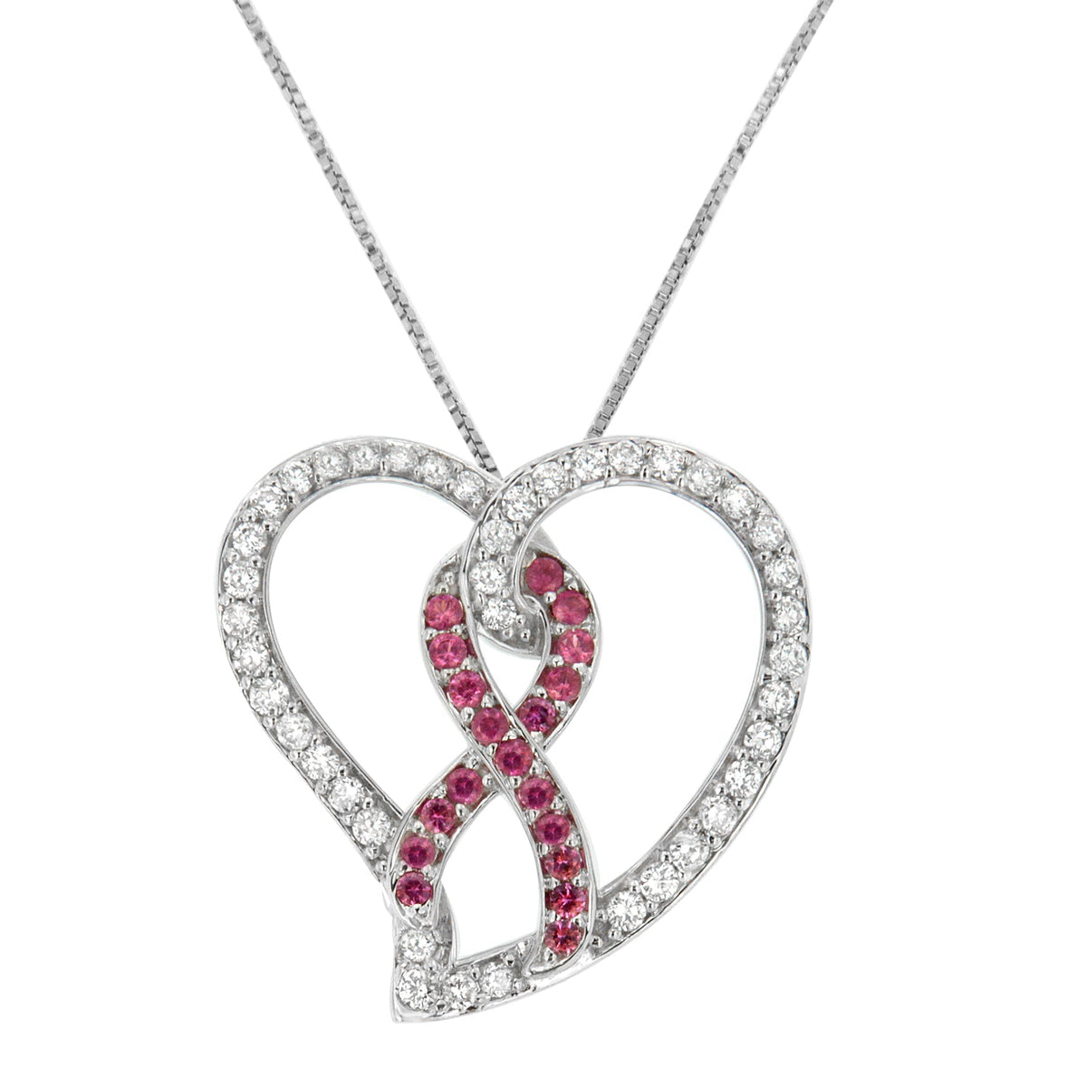 14K White Gold 3/4 Cttw White Diamond Awareness Ribbon &amp; Open Heart 18&quot; Pendant Necklace (H-I Color, I1-I2 Clarity) - 3/8 Cttw Created Pink Sapphire Ribbon - LinkagejewelrydesignLinkagejewelrydesign