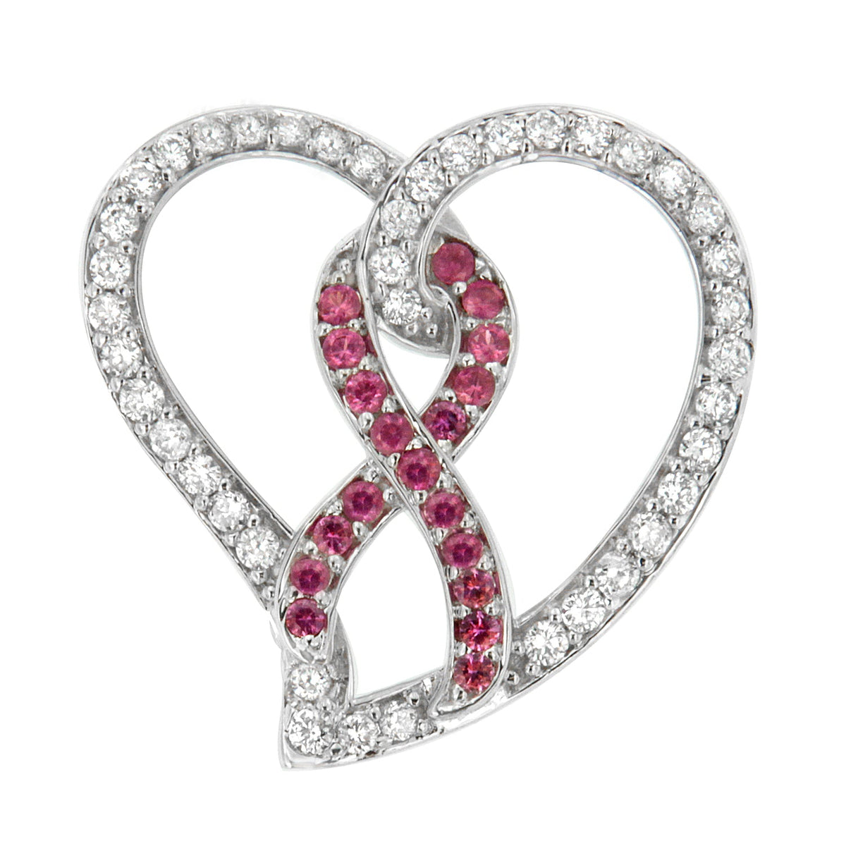 14K White Gold 3/4 Cttw White Diamond Awareness Ribbon &amp; Open Heart 18&quot; Pendant Necklace (H-I Color, I1-I2 Clarity) - 3/8 Cttw Created Pink Sapphire Ribbon - LinkagejewelrydesignLinkagejewelrydesign