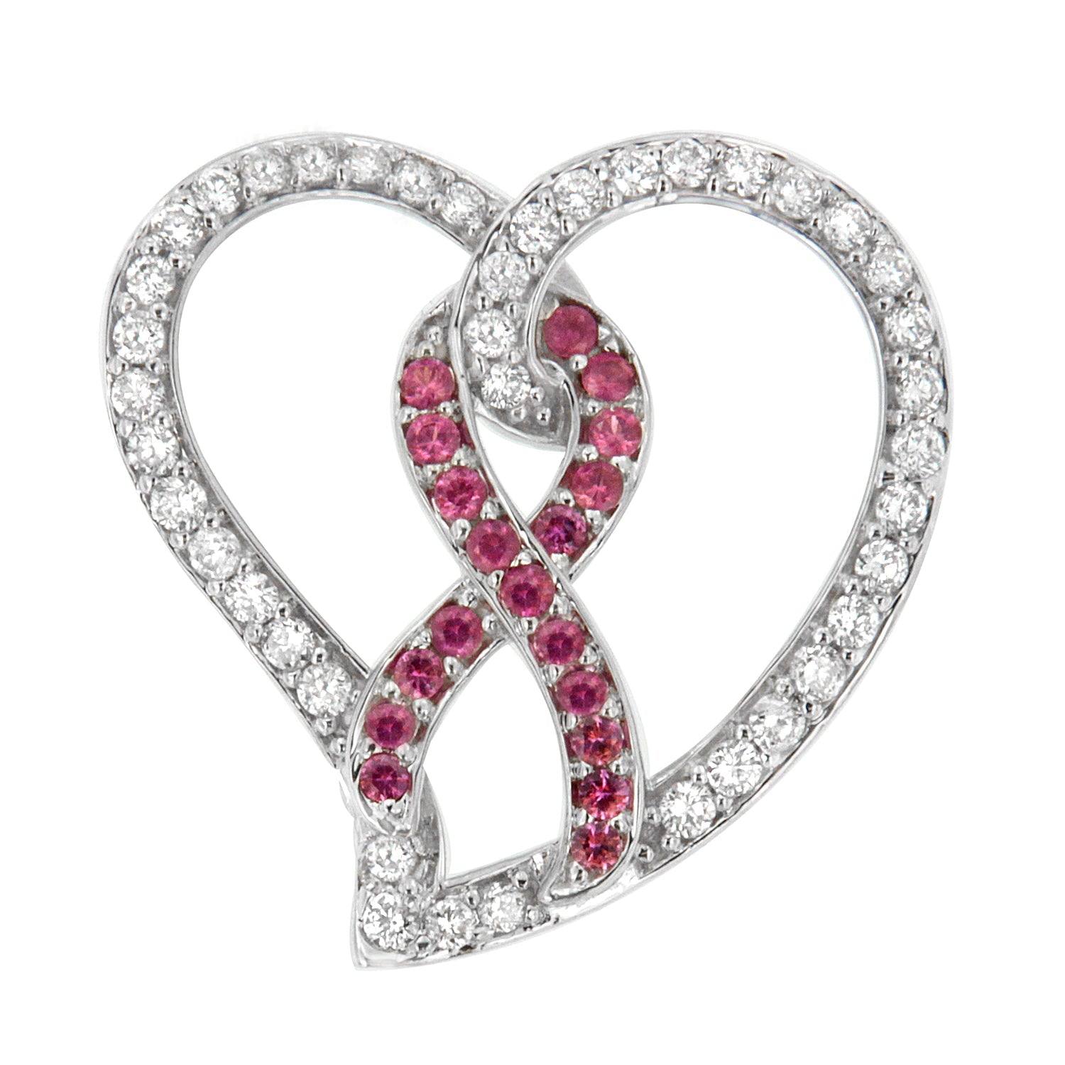 14K White Gold 3/4 Cttw White Diamond Awareness Ribbon & Open Heart 18" Pendant Necklace (H-I Color, I1-I2 Clarity) - 3/8 Cttw Created Pink Sapphire Ribbon - LinkagejewelrydesignLinkagejewelrydesign