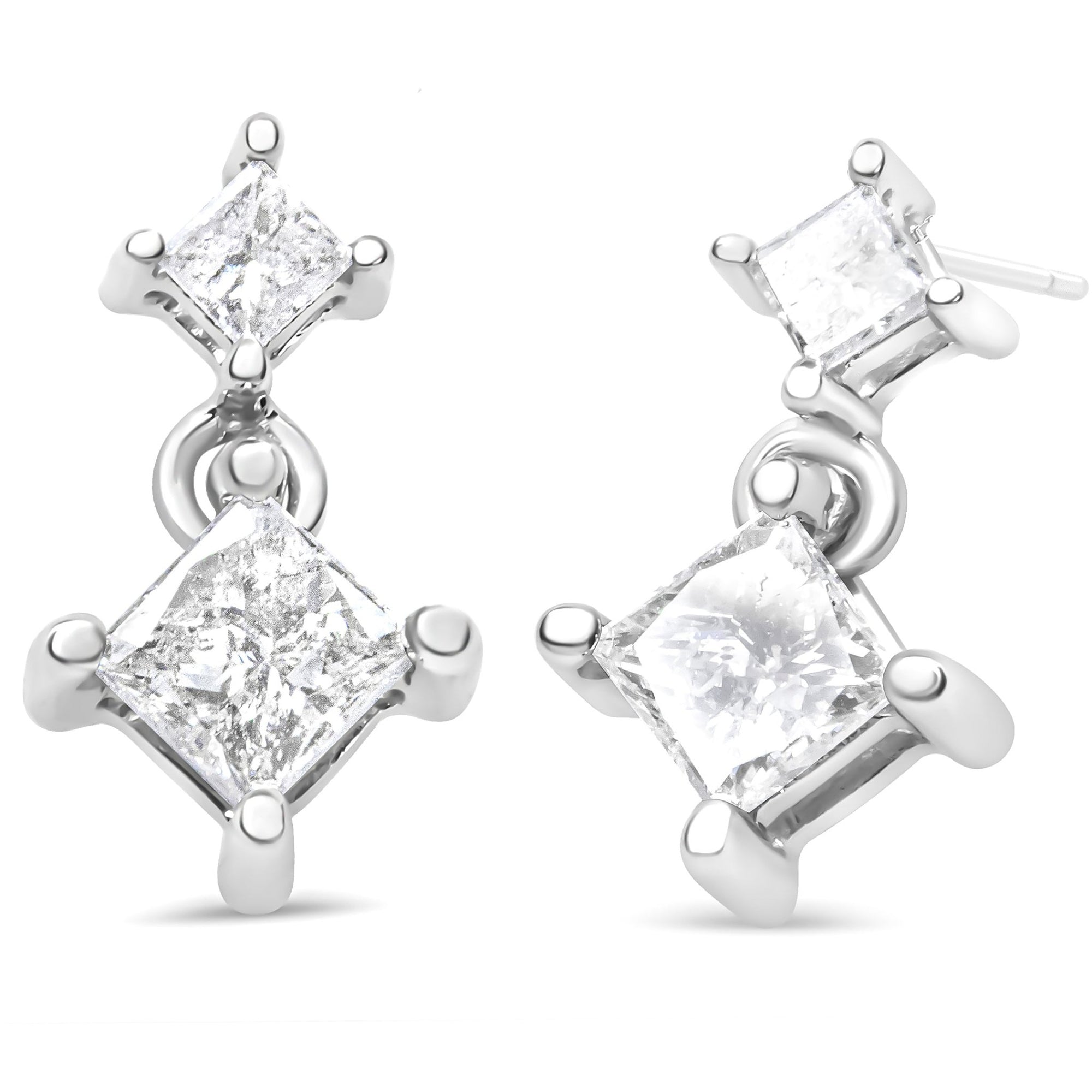 14K White Gold 3/8 Cttw Princess-Cut Diamond Double Dangle 2 Stone Stud Drop Earrings for Women (I-J Color, I2-I3 Clarity) - LinkagejewelrydesignLinkagejewelrydesign