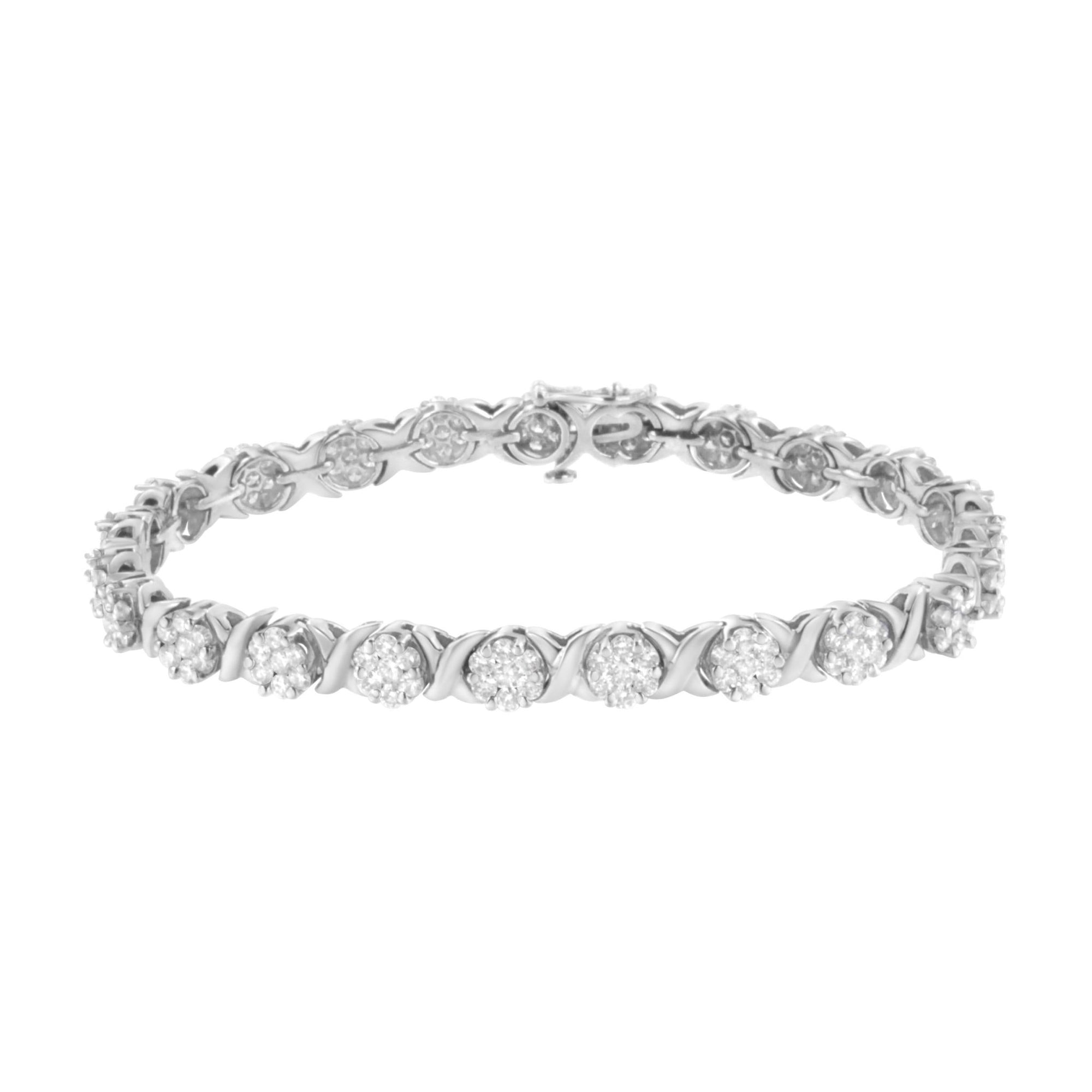 14K White Gold 4 7/8 Cttw Round Brilliant-Cut Diamond Round Cluster & X-Link 7" Tennis Bracelet (I-J Color, SI2-I1 Clarity) - LinkagejewelrydesignLinkagejewelrydesign