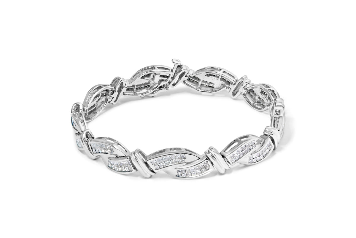 14K White Gold 4.0 Cttw Invisble Set Princess-Cut Diamond Wave Style Link Bracelet (H-I Color, SI2-I1 Clarity) - 7&quot; - LinkagejewelrydesignLinkagejewelrydesign