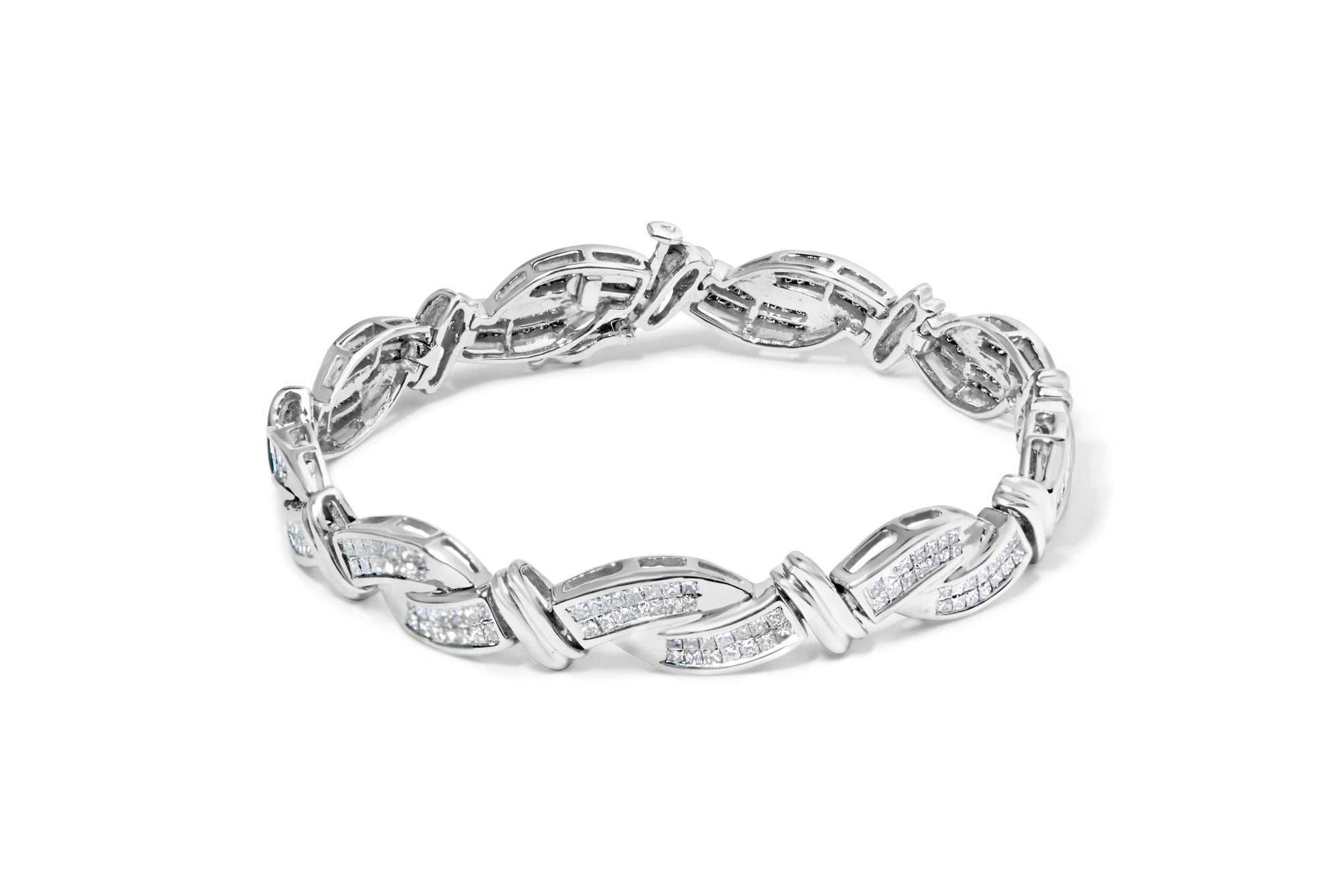 14K White Gold 4.0 Cttw Invisble Set Princess-Cut Diamond Wave Style Link Bracelet (H-I Color, SI2-I1 Clarity) - 7" - LinkagejewelrydesignLinkagejewelrydesign