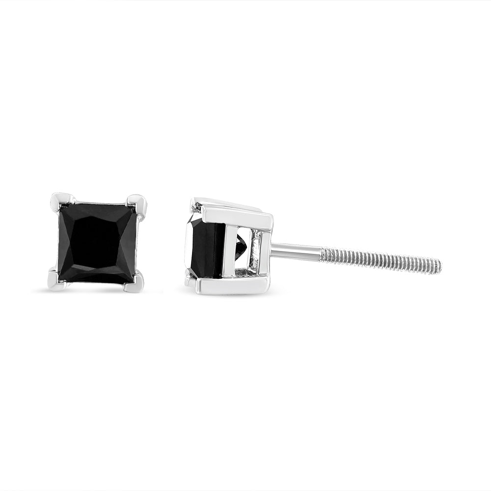 14K White Gold 4.00 Cttw Princess-Cut Treated Black Diamond Classic 4-Prong Stud Earrings with Screw Backs (Fancy Color-Enhanced, I2-I3 Clarity) - LinkagejewelrydesignLinkagejewelrydesign