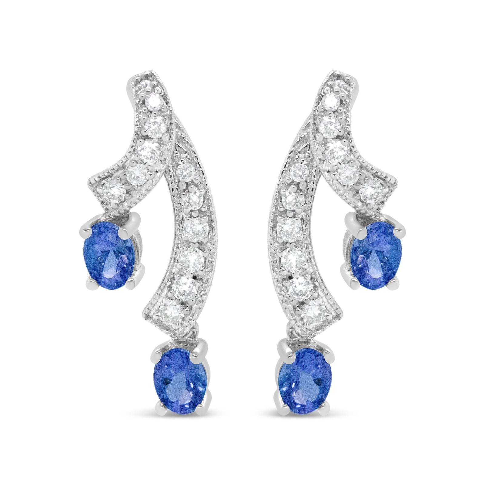 14K White Gold 4x3MM Oval Shaped Natural Blue Tanzanite Gemstone and 1/5 Cttw Diamond Double 3/4" Inch Drop Stud Earrings (H-I Color, VS1-VS2 Clarity) - LinkagejewelrydesignLinkagejewelrydesign