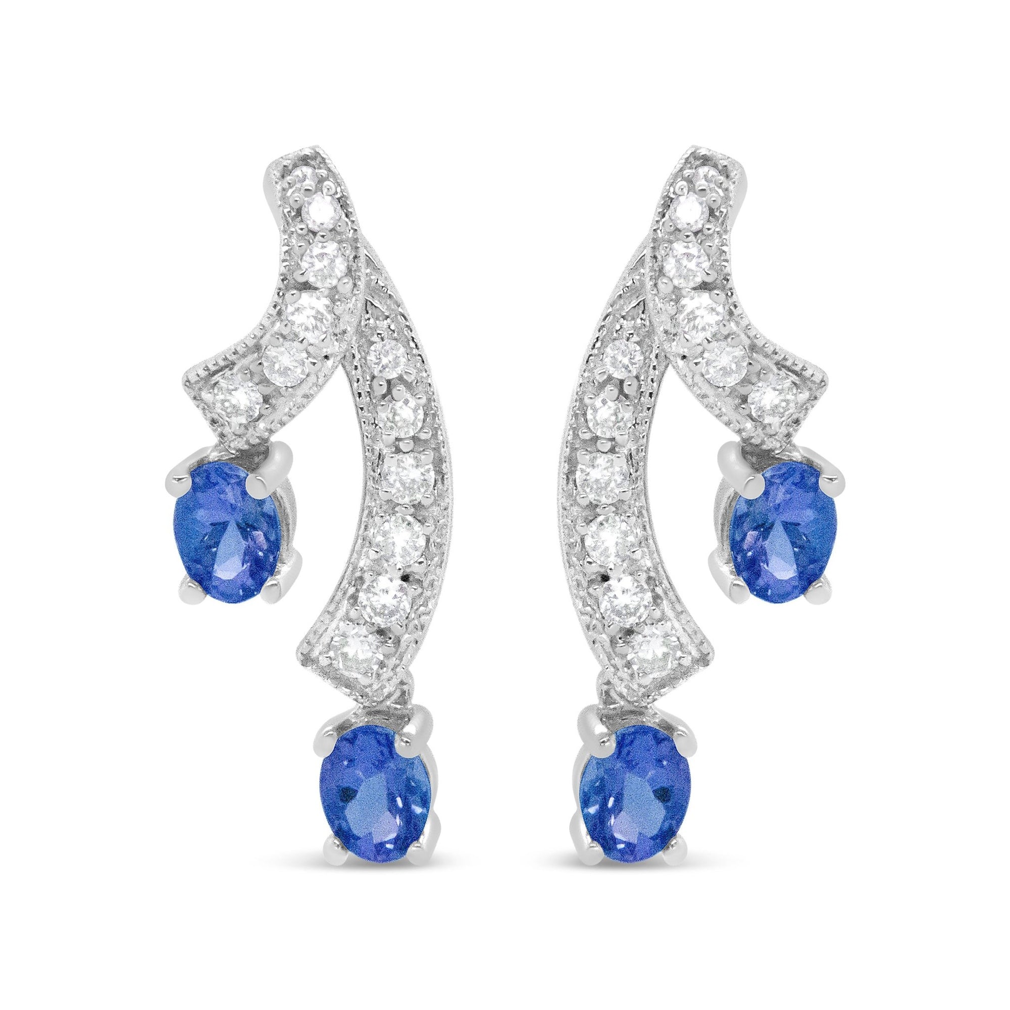 14K White Gold 4x3MM Oval Shaped Natural Blue Tanzanite Gemstone and 1/5 Cttw Diamond Double 3/4" Inch Drop Stud Earrings (H-I Color, VS1-VS2 Clarity) - LinkagejewelrydesignLinkagejewelrydesign