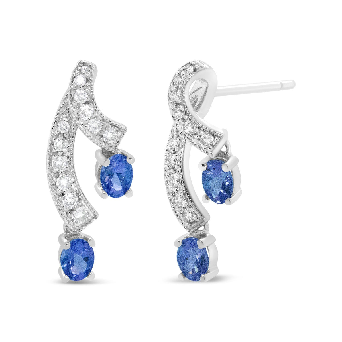 14K White Gold 4x3MM Oval Shaped Natural Blue Tanzanite Gemstone and 1/5 Cttw Diamond Double 3/4" Inch Drop Stud Earrings (H-I Color, VS1-VS2 Clarity) - LinkagejewelrydesignLinkagejewelrydesign