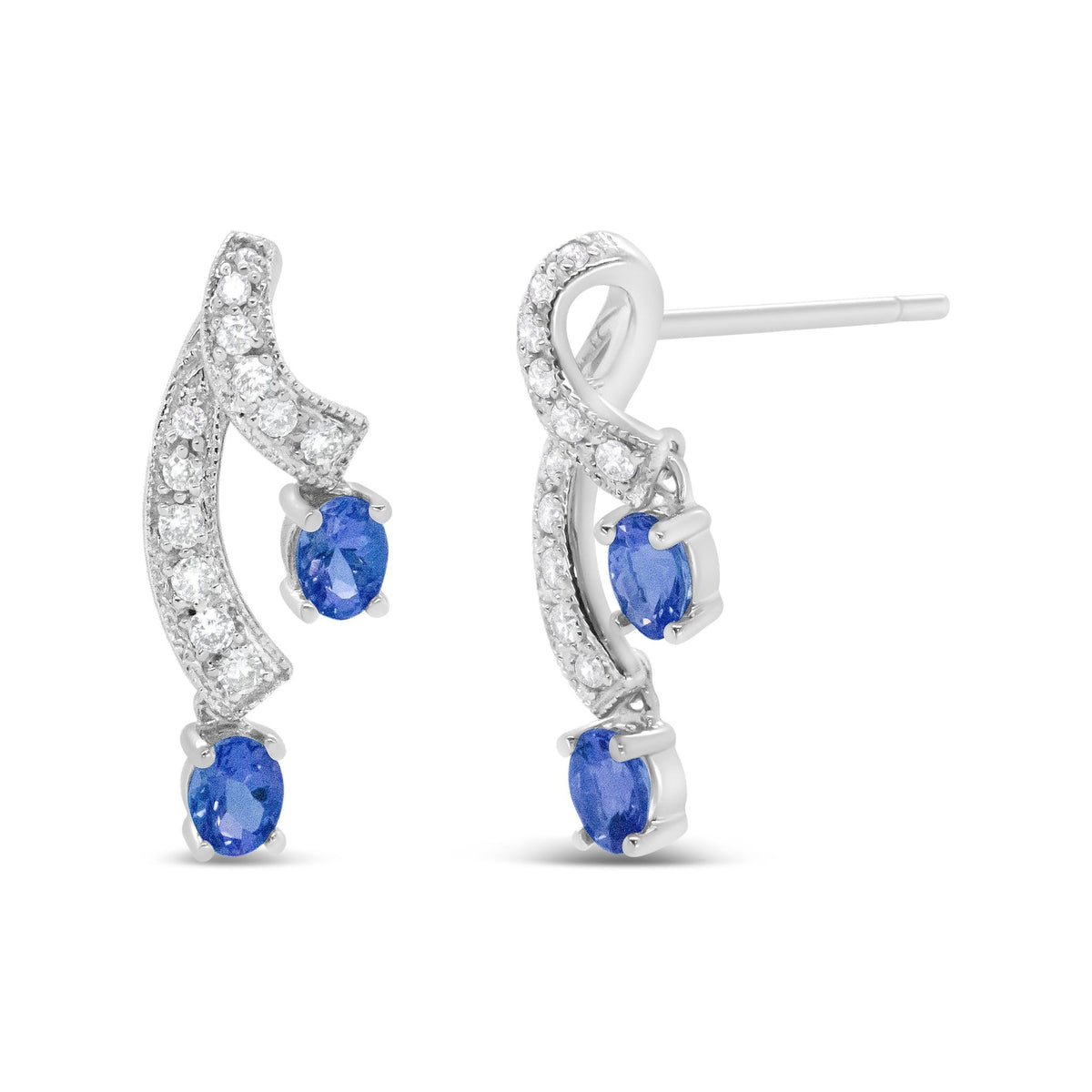 14K White Gold 4x3MM Oval Shaped Natural Blue Tanzanite Gemstone and 1/5 Cttw Diamond Double 3/4" Inch Drop Stud Earrings (H-I Color, VS1-VS2 Clarity) - LinkagejewelrydesignLinkagejewelrydesign