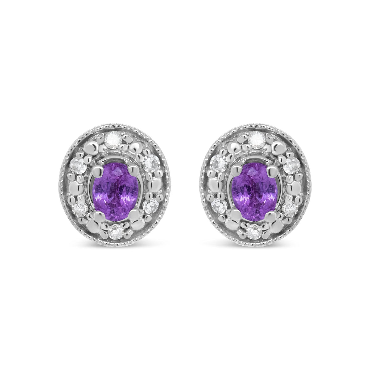 14K White Gold 4x3mm Round Pink Sapphire and 1/10 Cttw Round Diamond Halo Stud Earrings - (I-J Color, SI1-SI2 Clarity) - LinkagejewelrydesignLinkagejewelrydesign