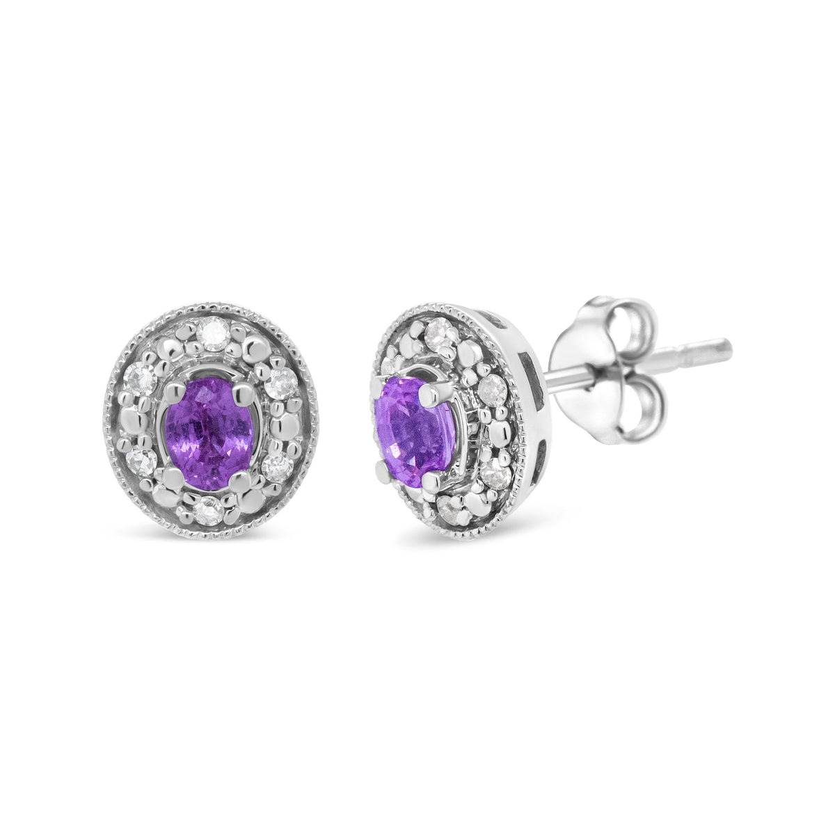 14K White Gold 4x3mm Round Pink Sapphire and 1/10 Cttw Round Diamond Halo Stud Earrings - (I-J Color, SI1-SI2 Clarity) - LinkagejewelrydesignLinkagejewelrydesign