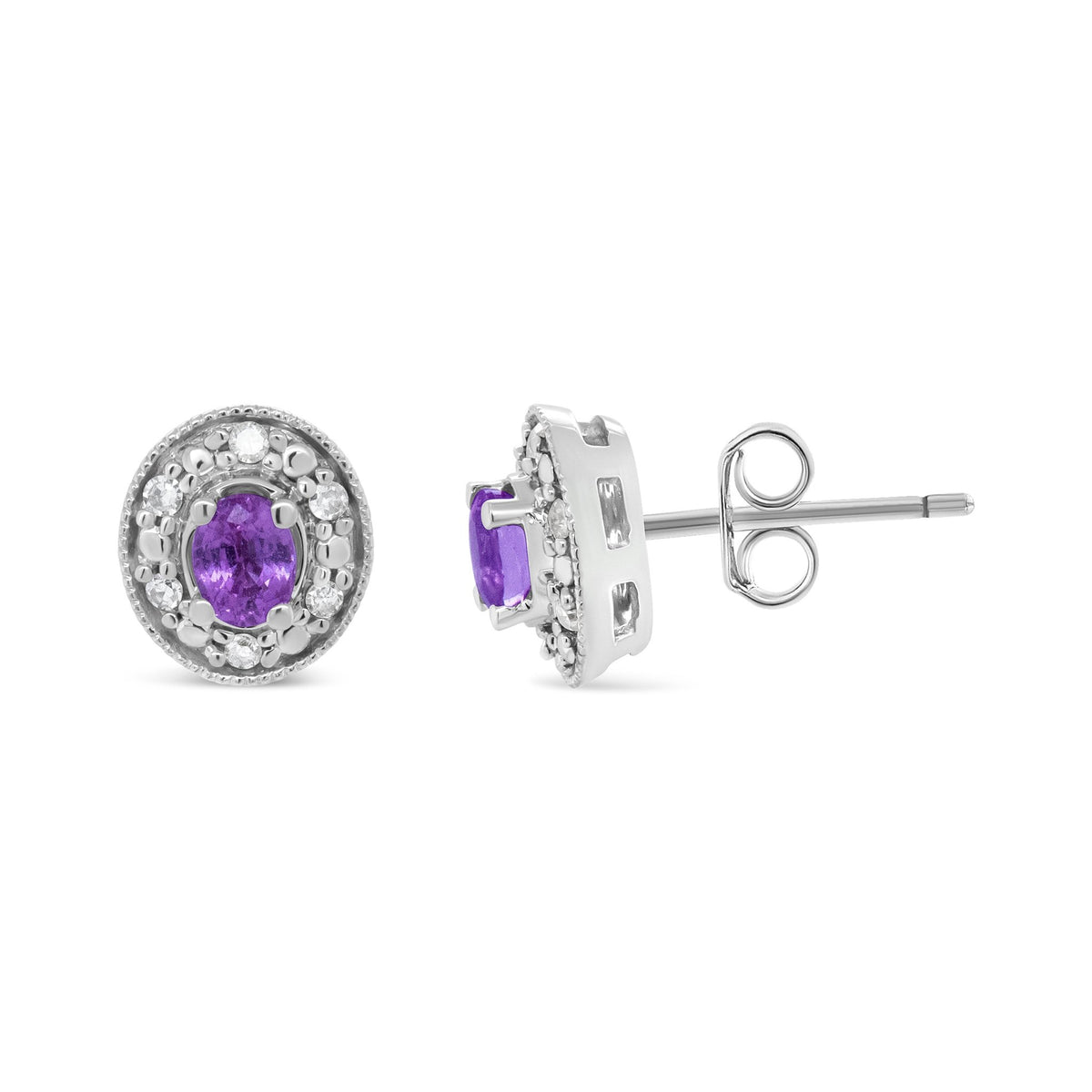 14K White Gold 4x3mm Round Pink Sapphire and 1/10 Cttw Round Diamond Halo Stud Earrings - (I-J Color, SI1-SI2 Clarity) - LinkagejewelrydesignLinkagejewelrydesign