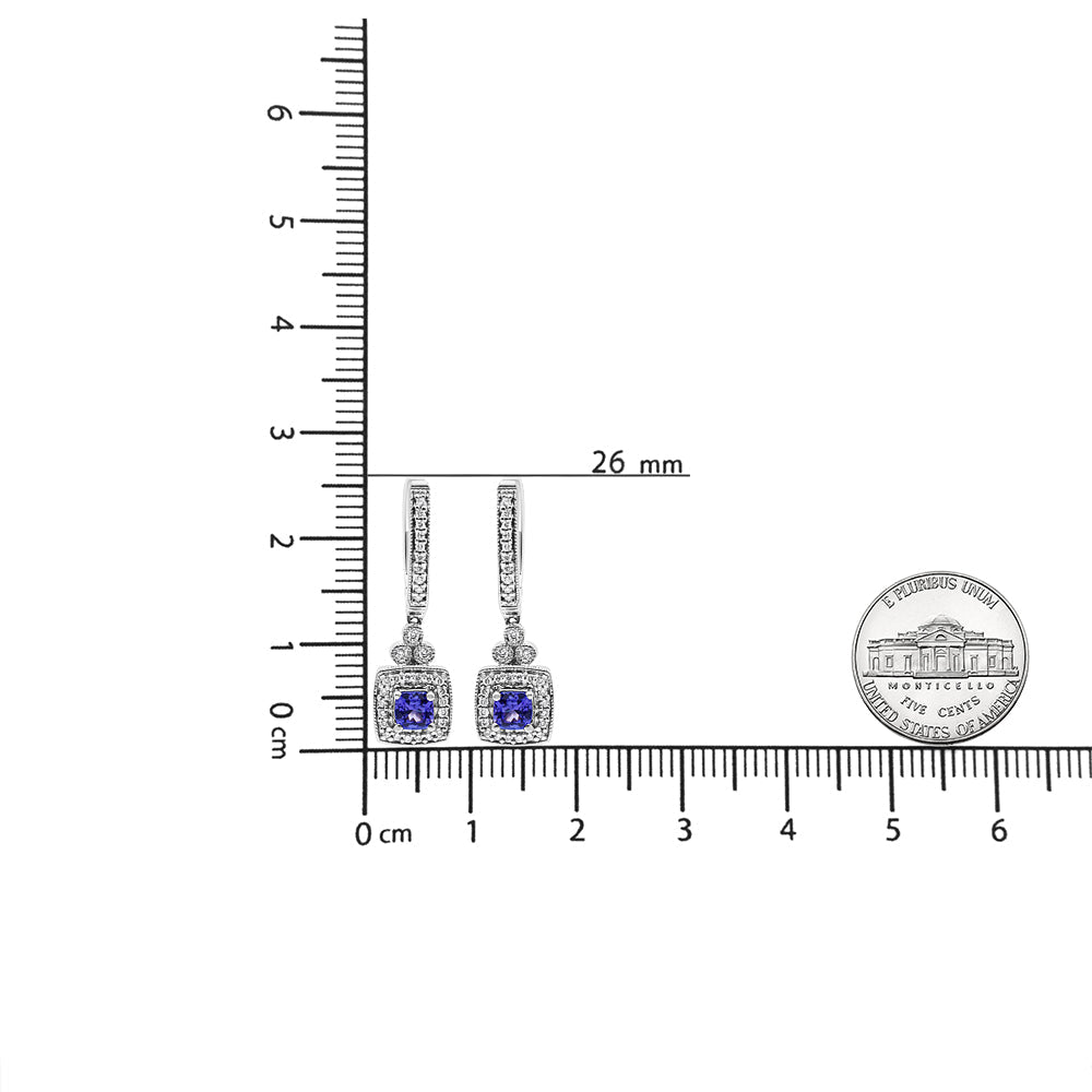 14K White Gold 4x4 mm Cushion Shaped Blue Tanzanite and 1/3 Cttw Diamond Halo 1&quot; Inch Drop and Dangle Earrings (J-K Color, SI2-I1 Clarity) - LinkagejewelrydesignLinkagejewelrydesign